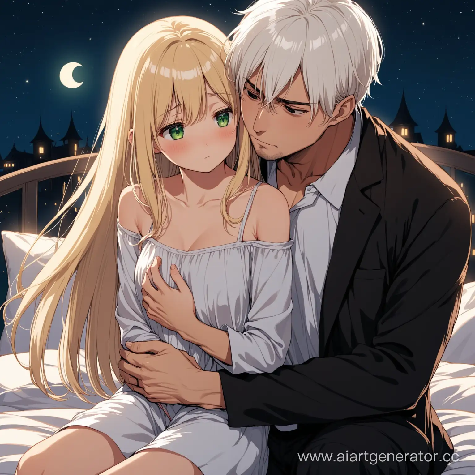 Affectionate-Night-Scene-Tall-Guy-Comforts-Embarrassed-Girl-on-Bed