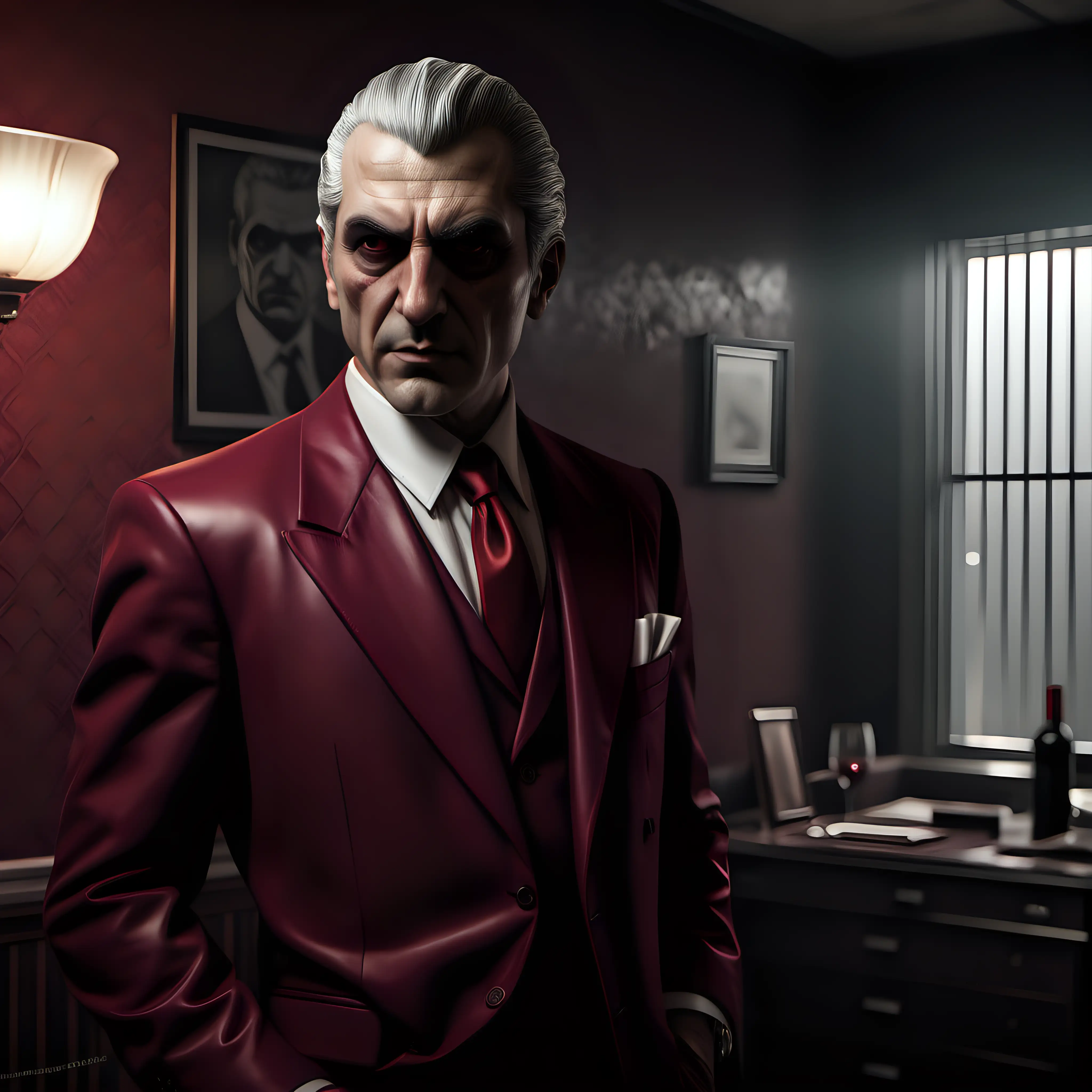 A male Malkavian, grey hair, comb-over, wearing a wine-red suit, white dress shirt, red necktie, inside a mafia boss' room, realistic