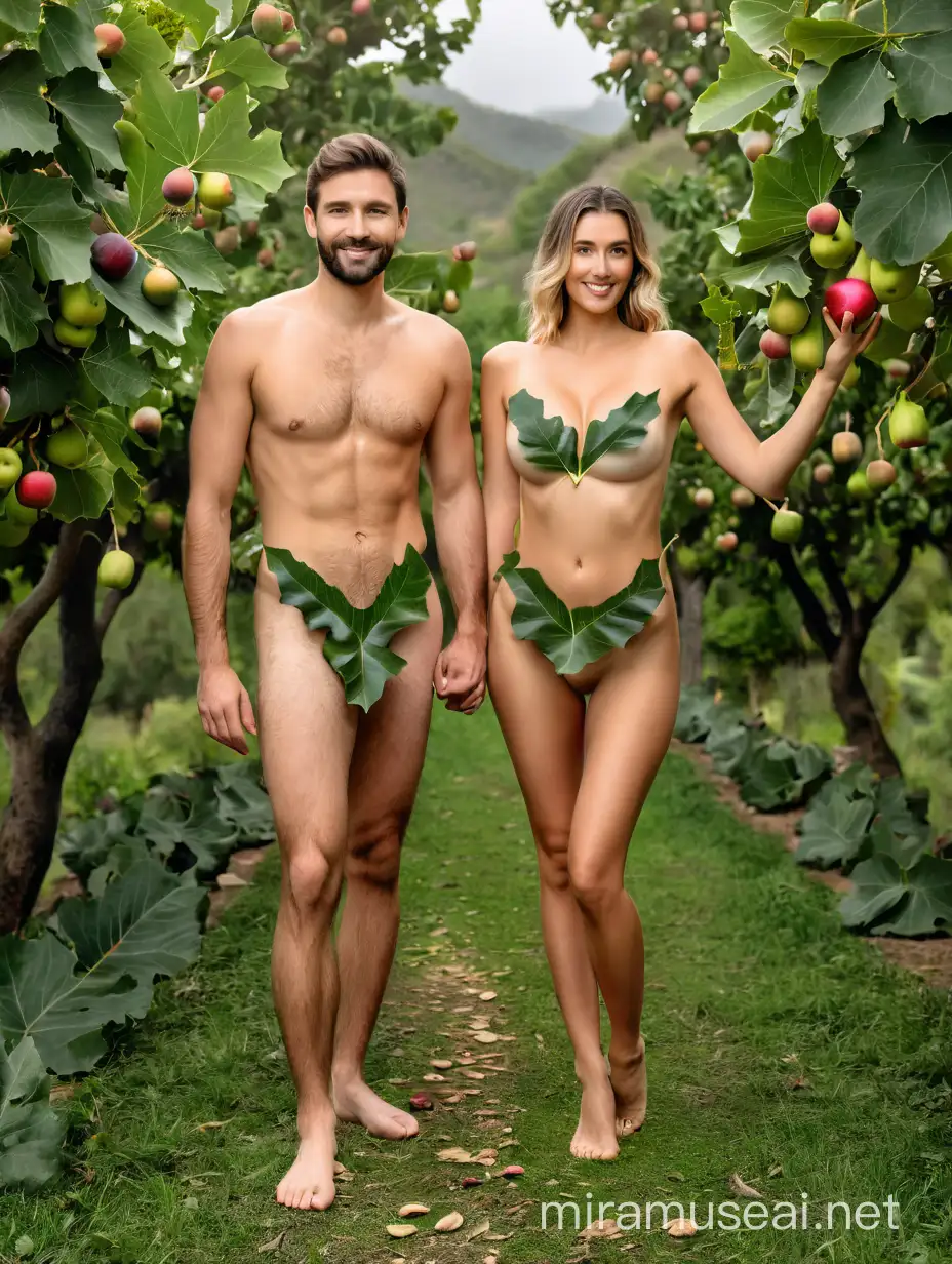 Caucasian 30 years old couple as Eve and Adam naked  in Eden garden, female breast covered with fig leaves, apron made of fig leaves cover naked figures, woman offer apple to man. Full body portrait, looking straight to camera. Beauty paradise forest landscape with hills and nice animals and birds on the background, 