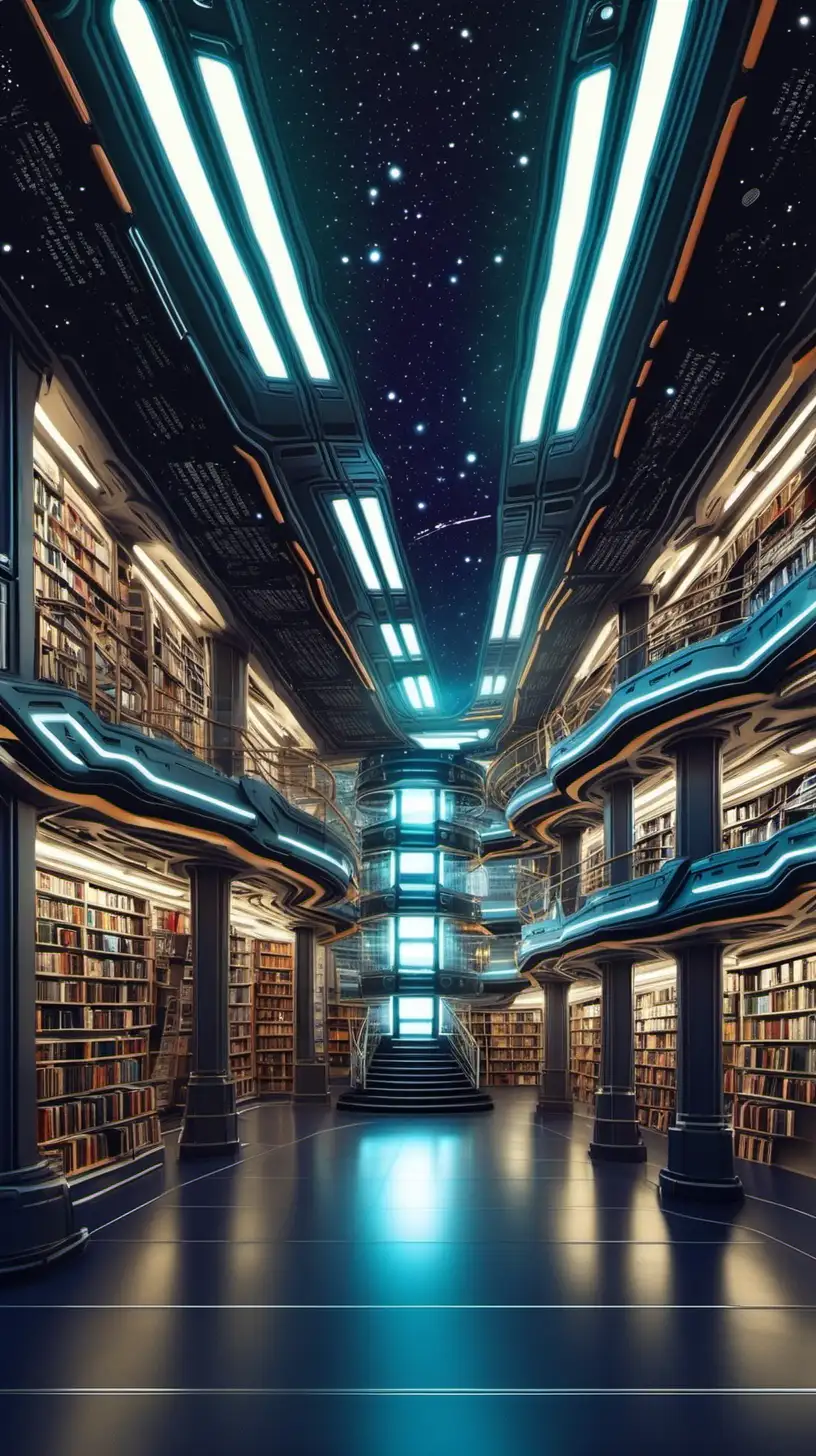 science fiction spaceship interior of a bookstore in the style of Star Trek