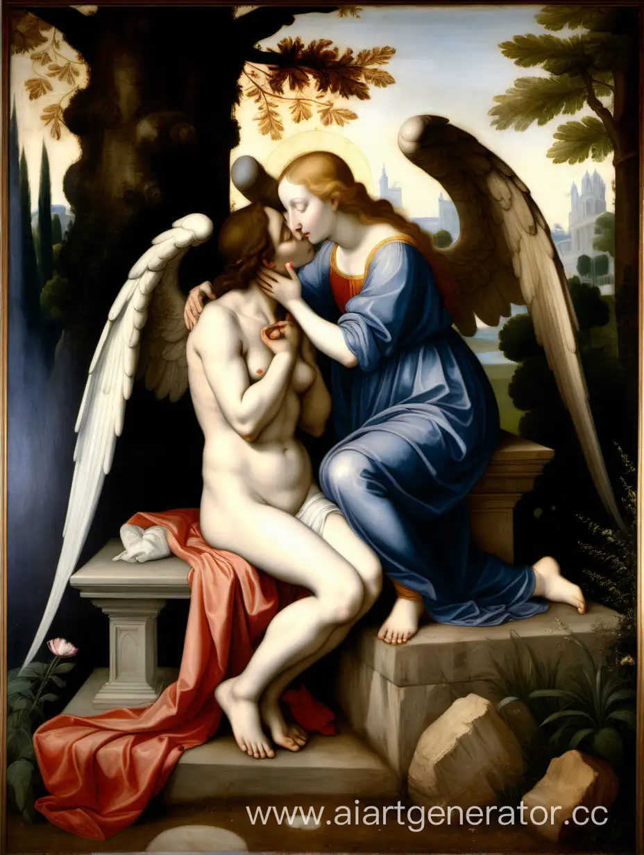 an old Renaissance painting depicting a woman sitting on a stone in the morning garden and being seduced by an angel sitting in front of her and seeking to kiss