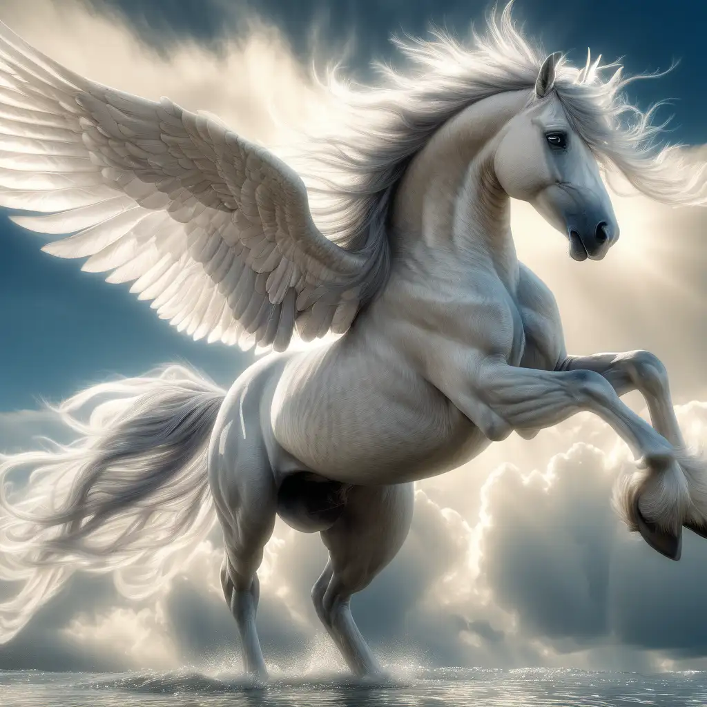 A majestic Pegasus, its coat gleaming like burnished silver, bursts forth from a swirling vortex of clouds. The clouds part dramatically, revealing a streak of azure sky and a glimpse of the sun's golden rays. The Pegasus rears its powerful forelegs, whinnying in triumph as it spreads its wings, their tips trailing wisps of mist. The wind whips through its mane and tail, creating a sense of movement and dynamism. The overall composition should be dramatic and awe-inspiring, capturing the mythical grandeur of Pegasus.

Additional details:

Use a high-resolution, detailed model to ensure the quality of the Pegasus and the clouds.
Experiment with different lighting effects to create a sense of drama and contrast.
Use a shallow depth of field to focus attention on the Pegasus and blur the background clouds, creating a sense of depth and atmosphere.
Consider adding subtle motion blur to the Pegasus's wings and mane to emphasize its movement.
Here are some additional prompts that you can use to further refine your image:

"The Pegasus's eyes should be like pools of liquid gold, reflecting the sunlight."
"The clouds should be a mix of white, gray, and silver, with hints of pink and gold at the edges."
"The Pegasus's muscles should be defined and powerful, suggesting its immense strength."
"The wind should be blowing through the Pegasus's mane and tail, creating a sense of movement and energy."
“- v 6”