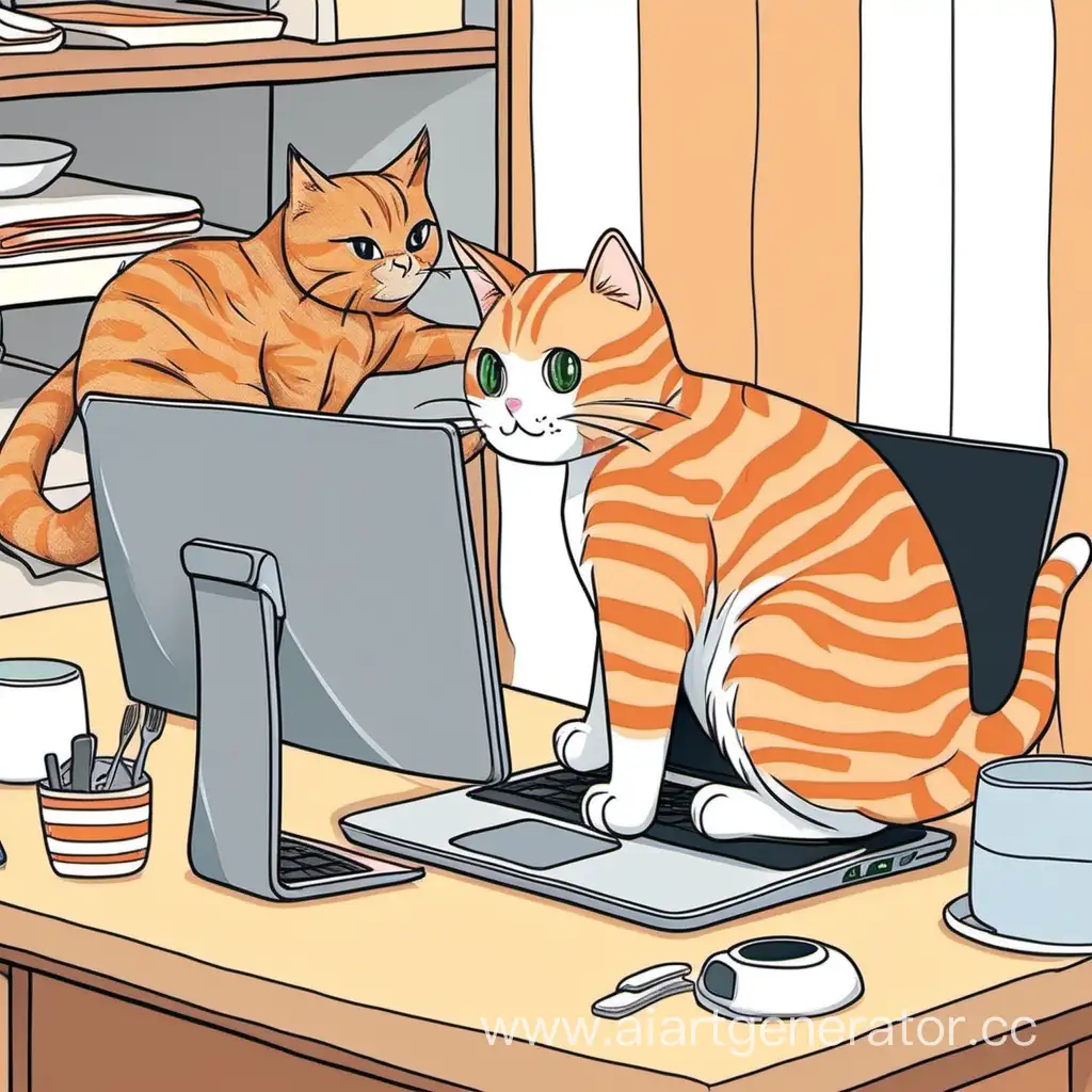 Полосатая серая кошка готовит обед, а рыжий кот играет в компьютер