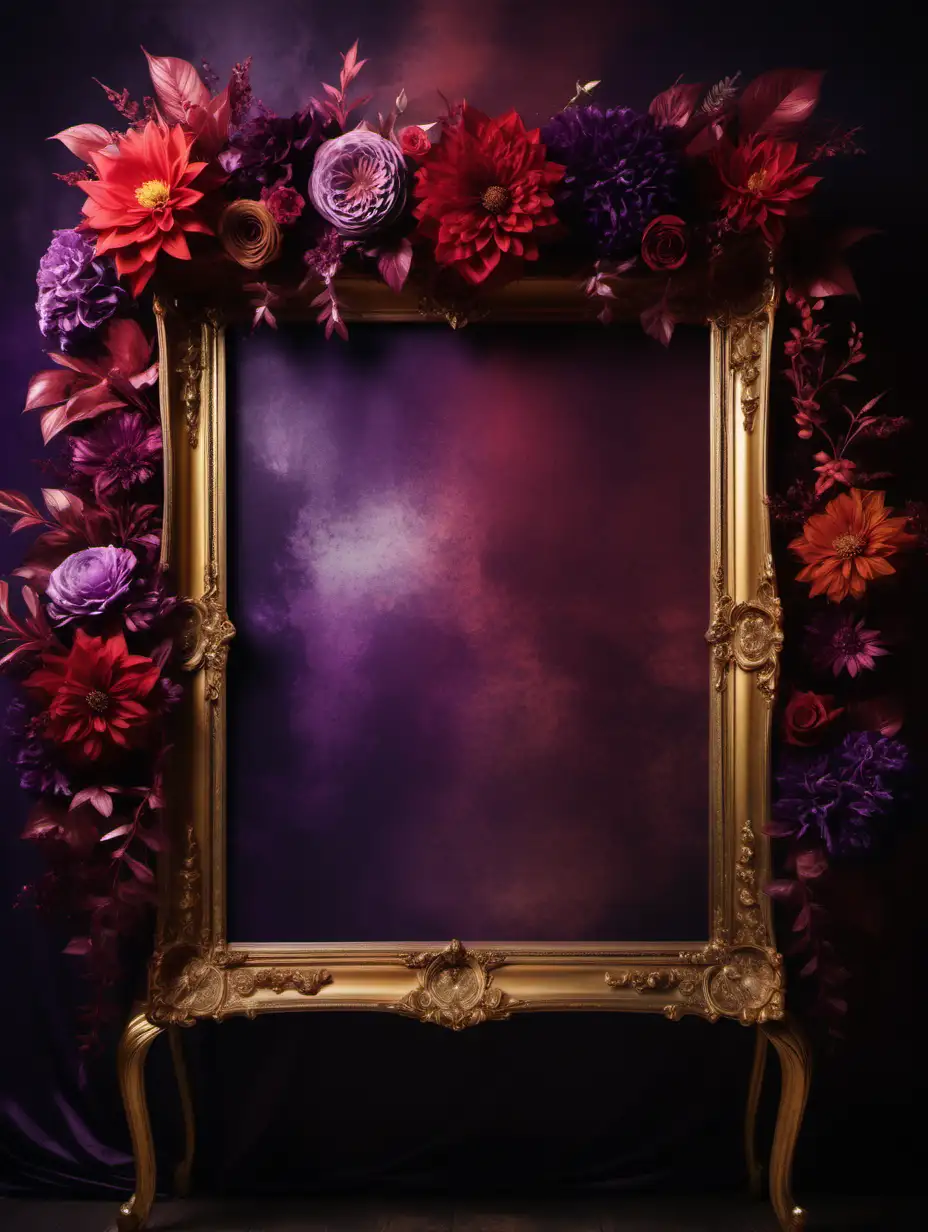 /imagine prompt: Digital background featuring a lush floral backdrop and a color washed center and vintage frame | colors: red, purple, gold accents | lighting: bright, natural
