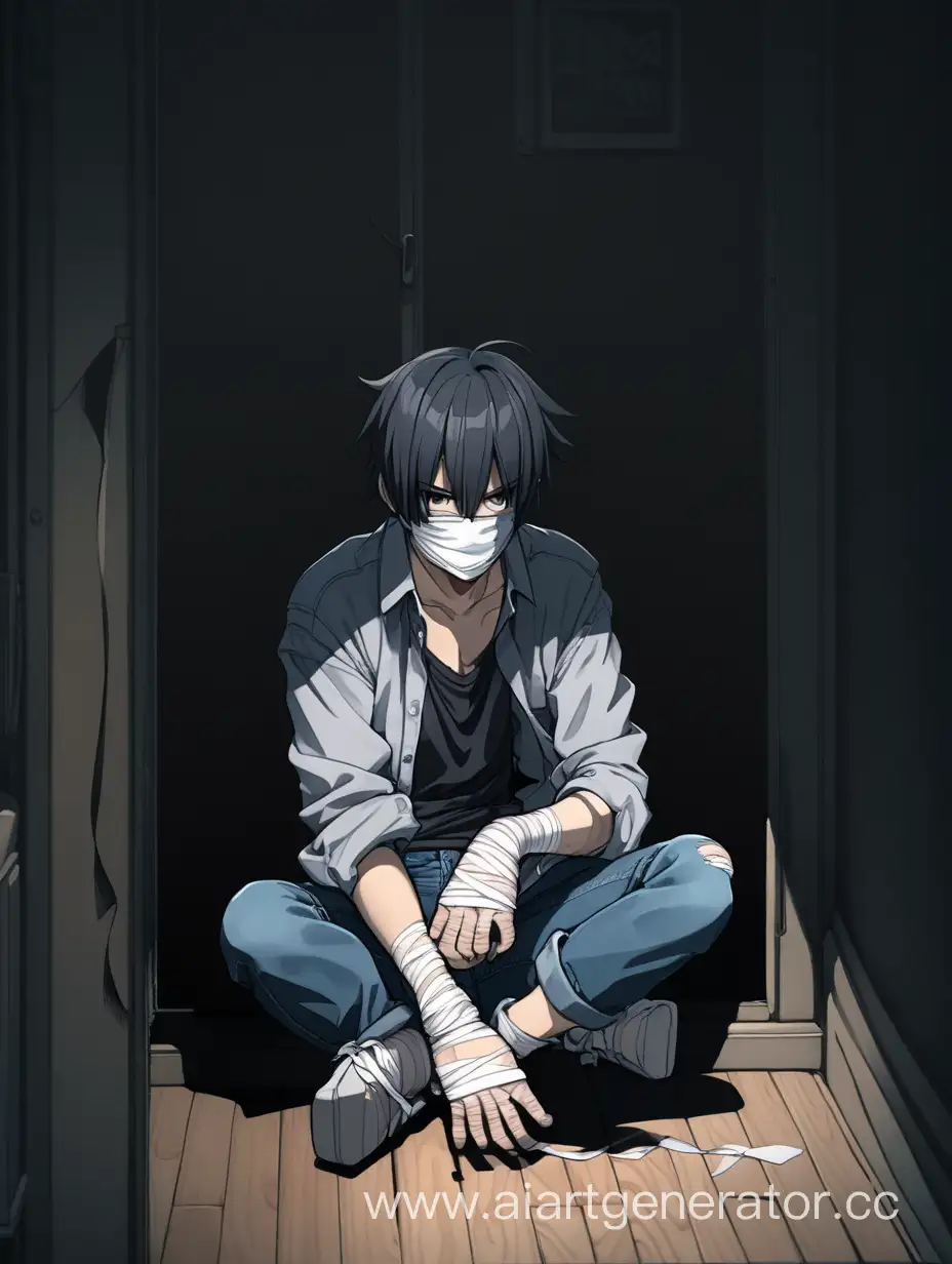 парень в темной комнате  аниме
сидит на полу у окна 
забинтованные пальцы, ,джинсы и рубашка
