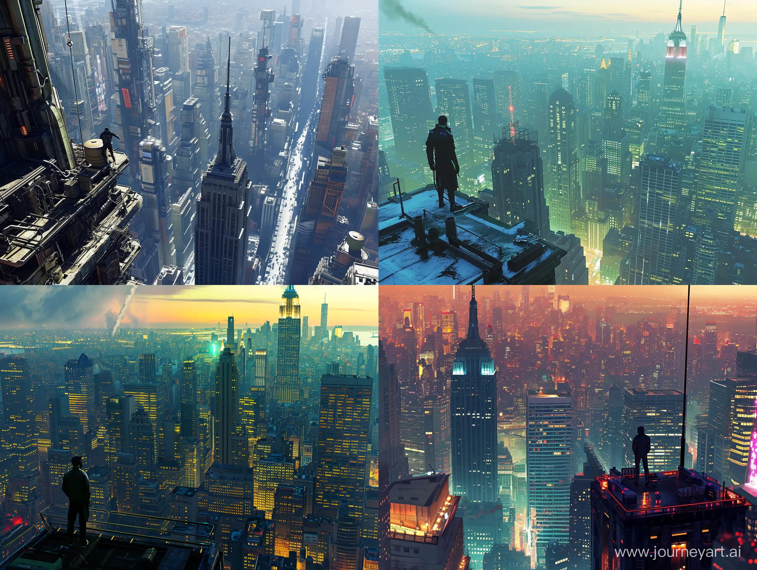 a futuristic city movie scene, new york, wide view, vibrant, highly detailed, a man standing on the rooftop of the empire state building,
