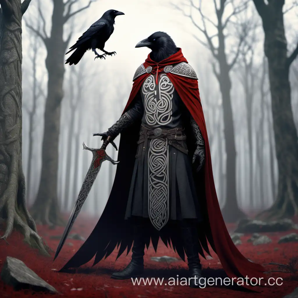 1man, cape, full body, crow head, crow head instead of the human's one, red and silver patterns on clothes, celtic ornaments, sword in hand, solo, standing, forest background, elden ring vibes, concept, concept art