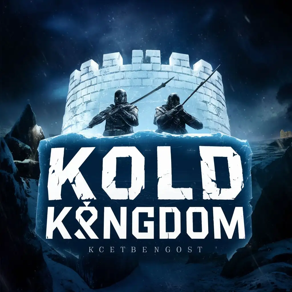 logo, ice fortress with two black soldiers, with the text "KOLD K!ngdom", typography