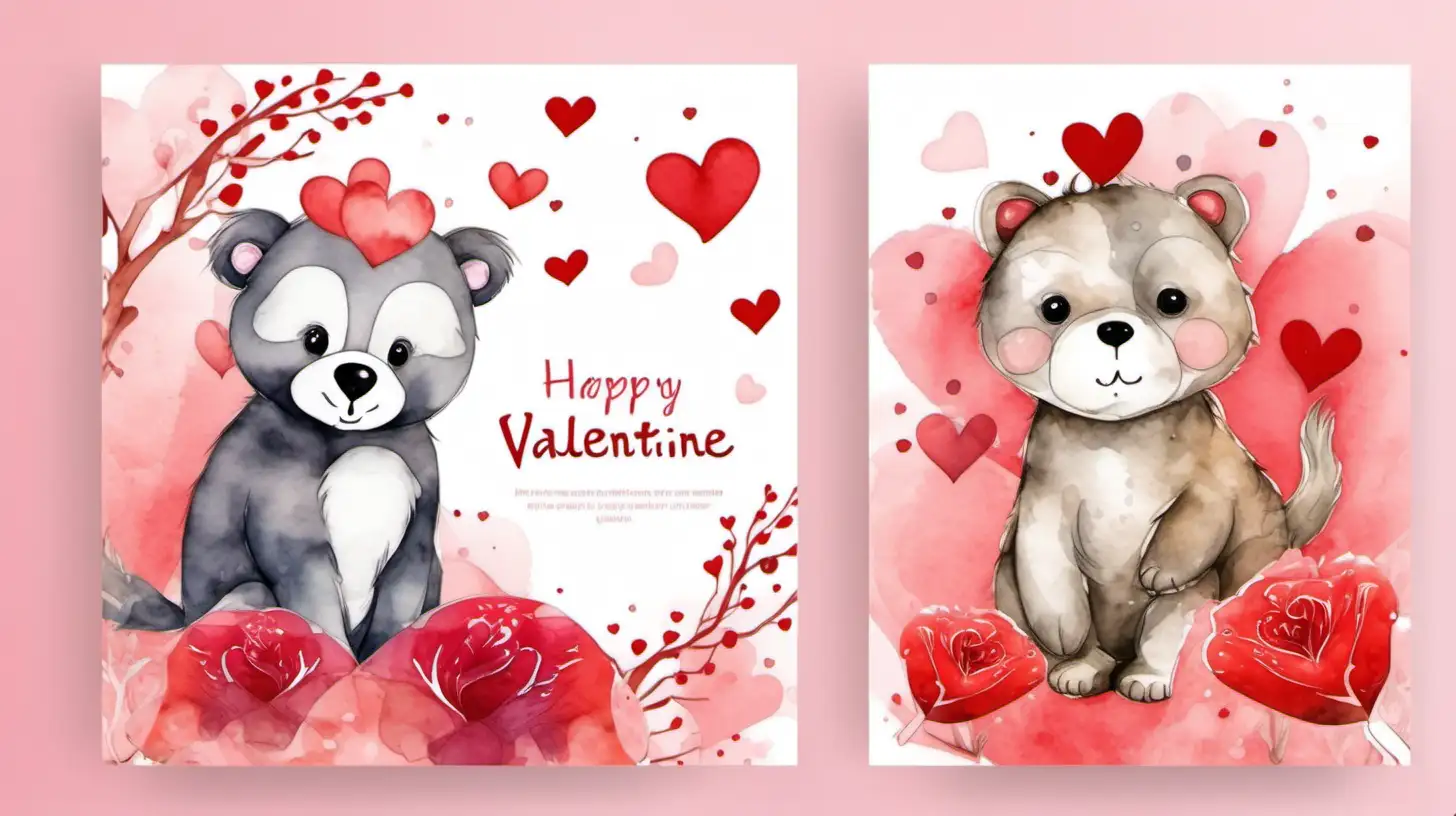 Adorable Watercolor Valentines Day Card Featuring a Cute Animal