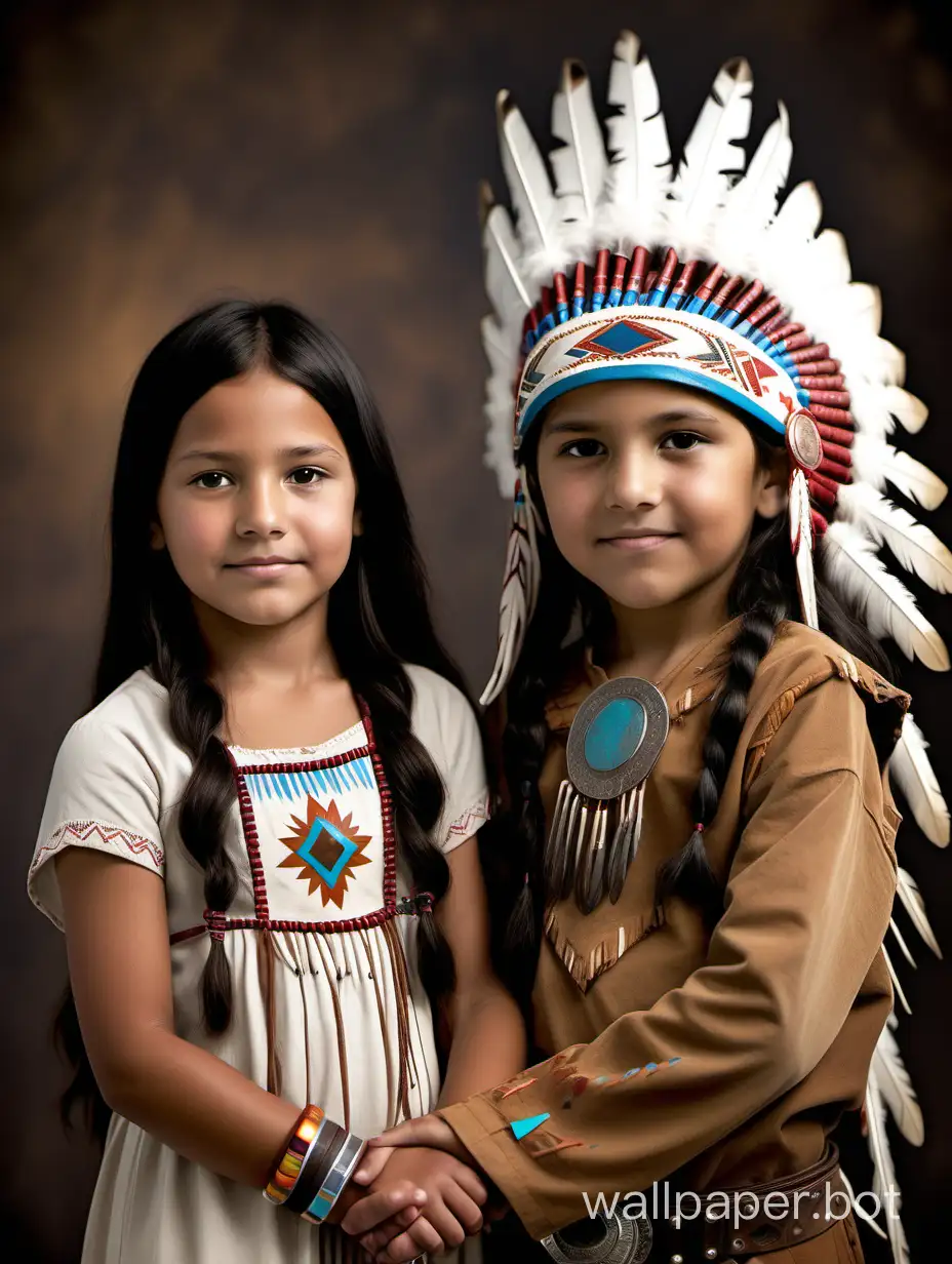 10 year old native American girl black hair brown eyes wearing Indian headdress and 10 year old cowboy girl holding hands 