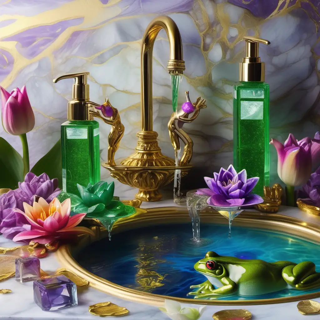Renaissance painting with 2 billionaire frog swimming in the pond sink fountain of youth, dripping gold liquid abundance. Crystal hand soap on the side with green neon purple soap. cubes, purple perfect crystal cubes, crystal lily pads, and lotus flowers and flower cubes. Sun ray glares