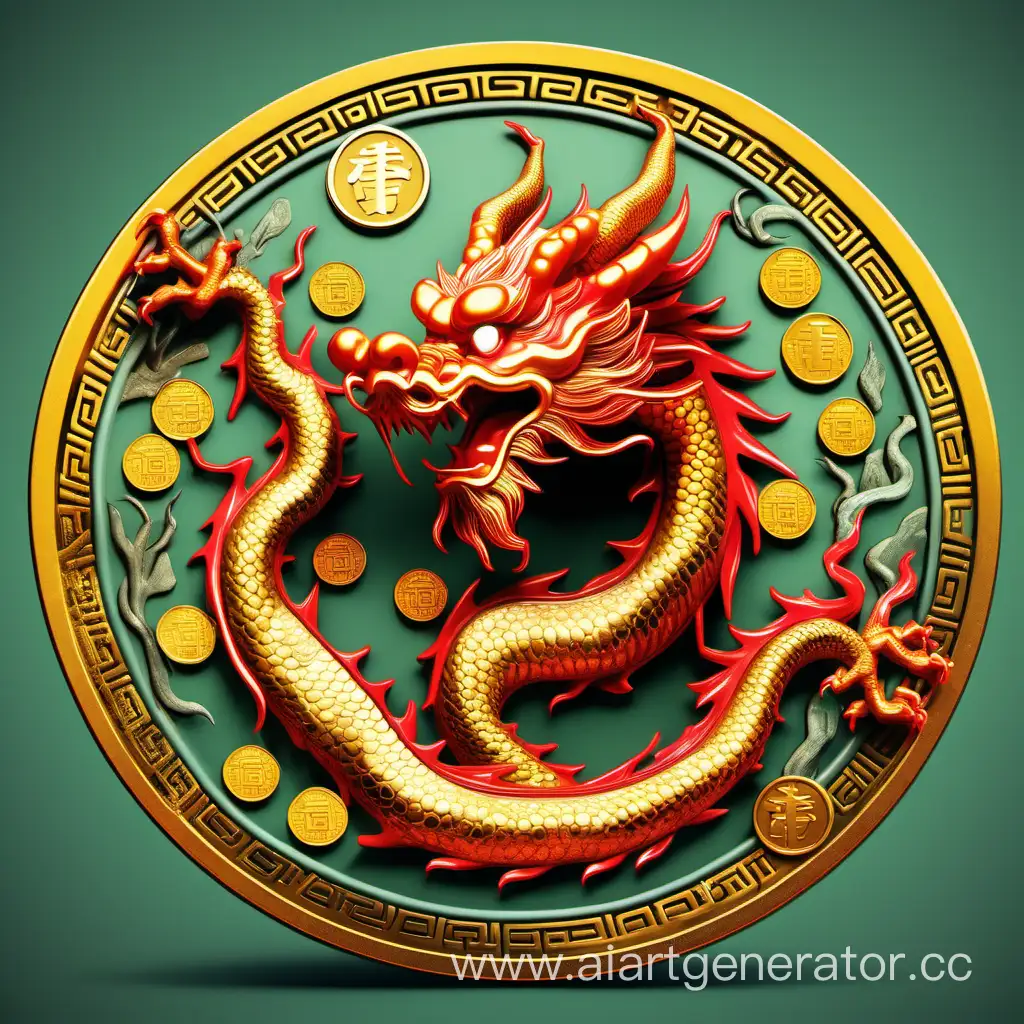 яркий Китайский дракон вокруг монеты