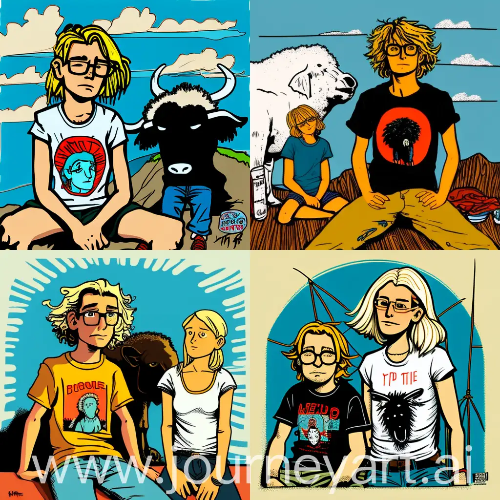 13-year-old boy, blond hair, round glasses, black t-shirt, jeans, sitting full figure, with a young girl With blond curly hair, Native American, background prairie, with tipis, and Buffalo, by Hergé, flat cartoon color, bold lines, vivid colors