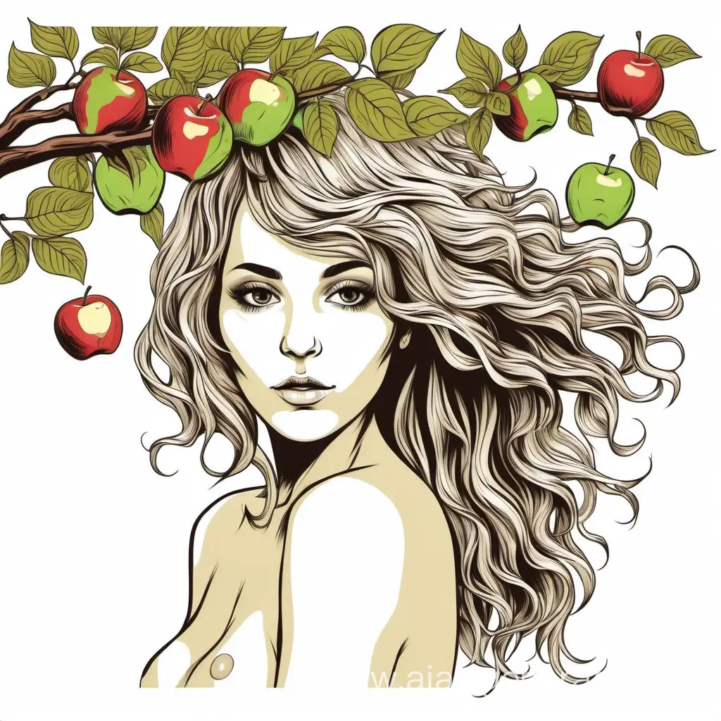 The girl is covered in an apple tree drawing hair in color vector