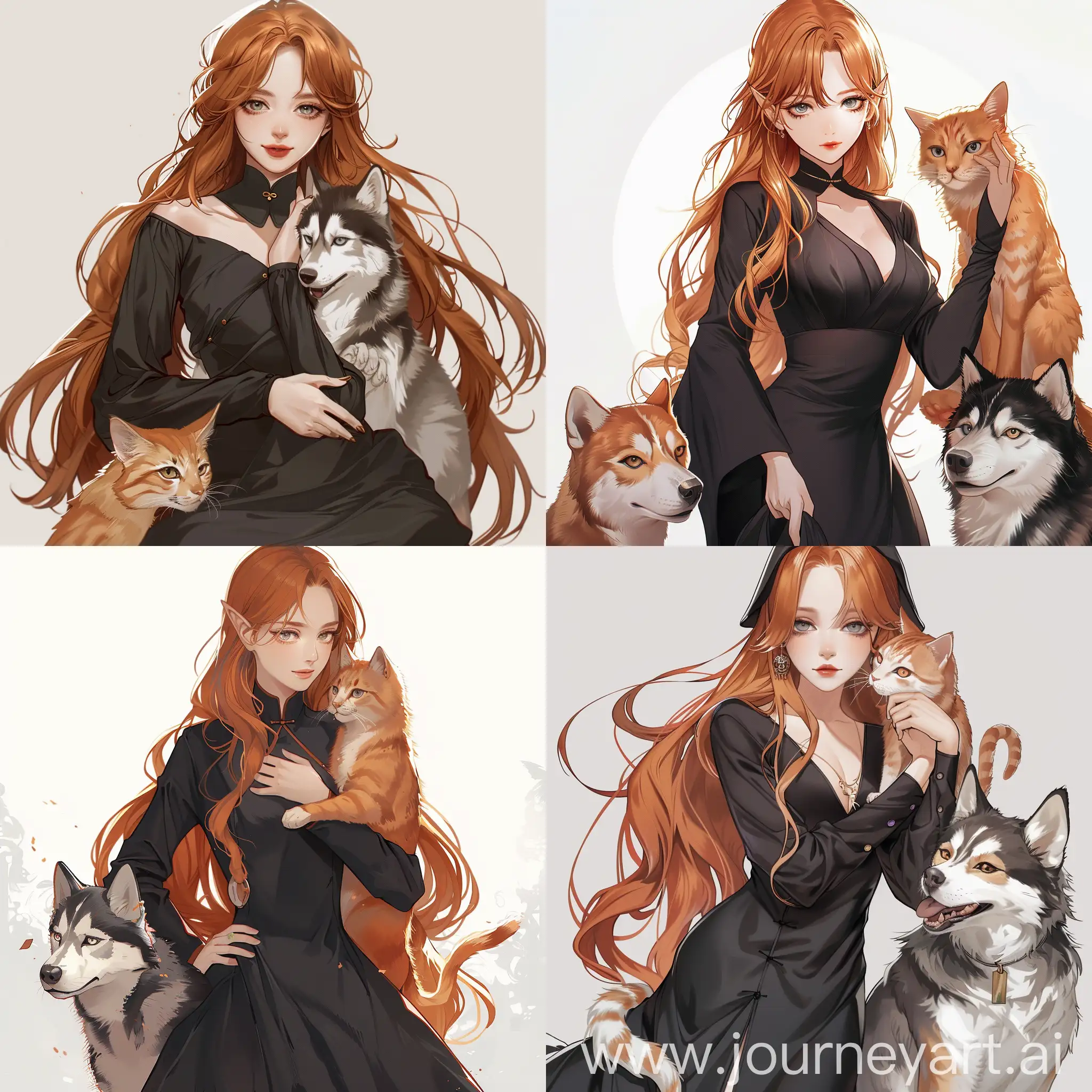 Enchanting-Witch-in-Qipao-with-Ginger-Cat-and-Husky
