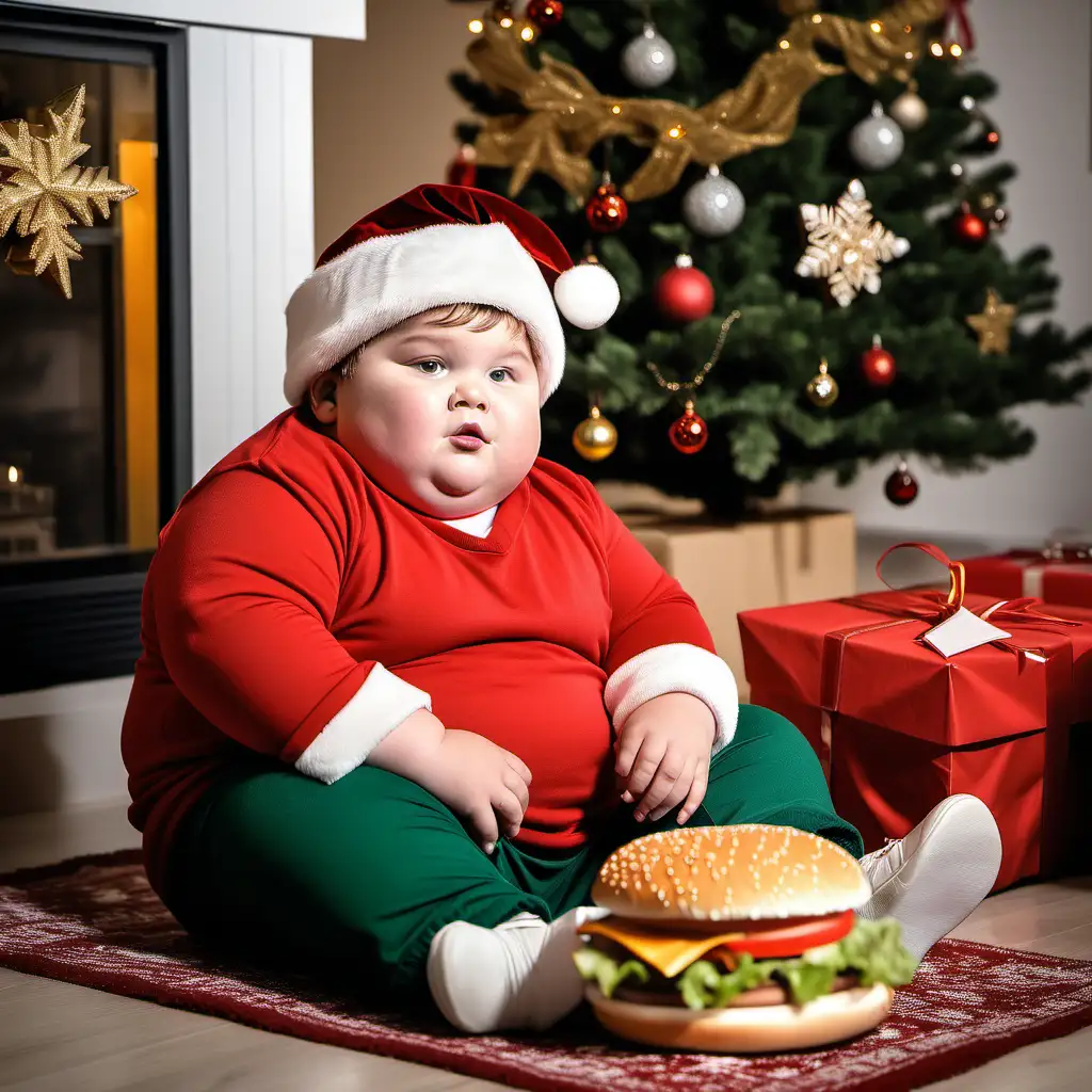 Prompter Professional photo of a little fat boy, sitting under a Christmas tree surrounded by Christmas spirit, eating a burger, the photo is to be taken with a professional camera and is to be very realistic