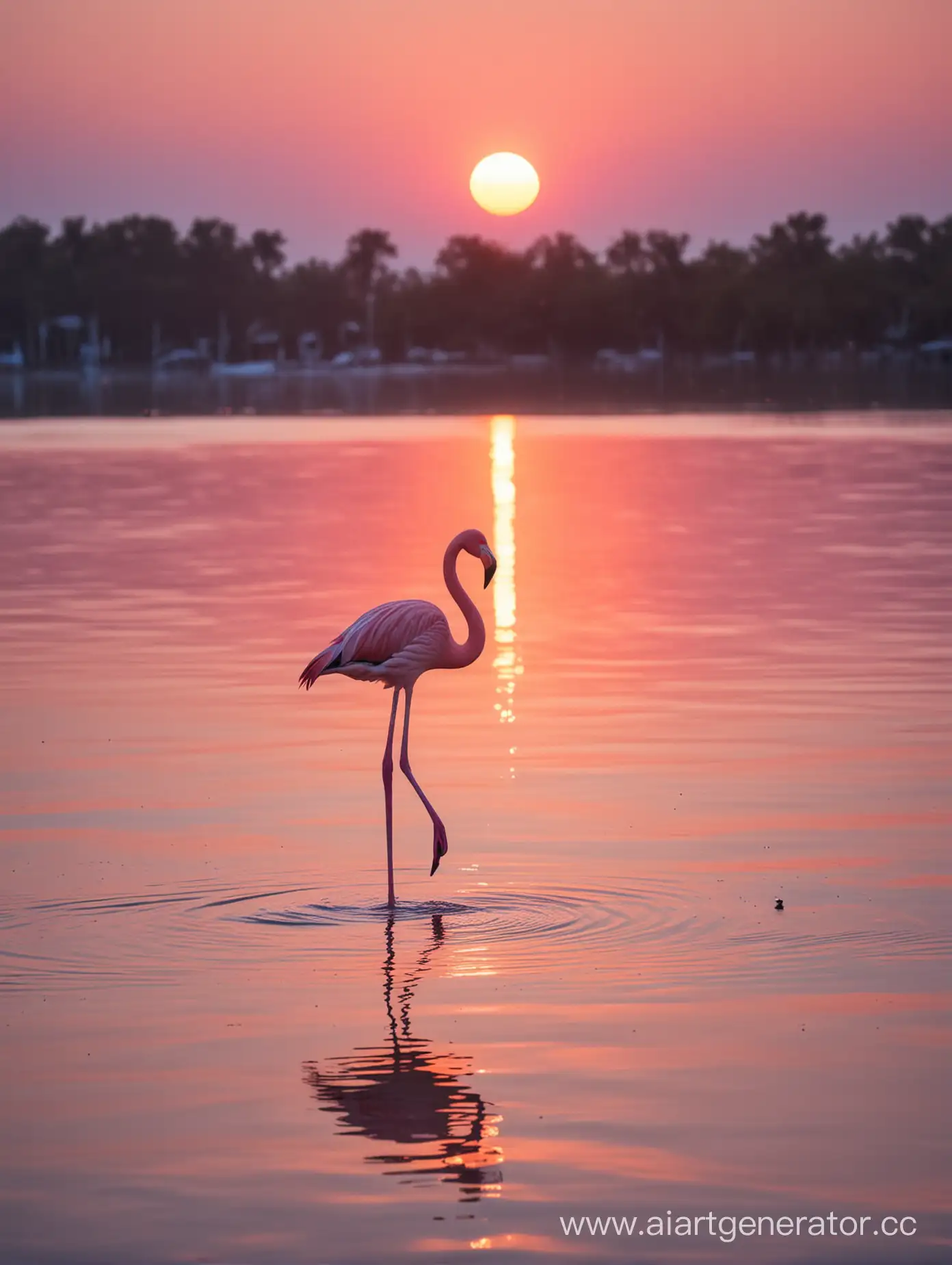 Розовый фламинго на озере на закате