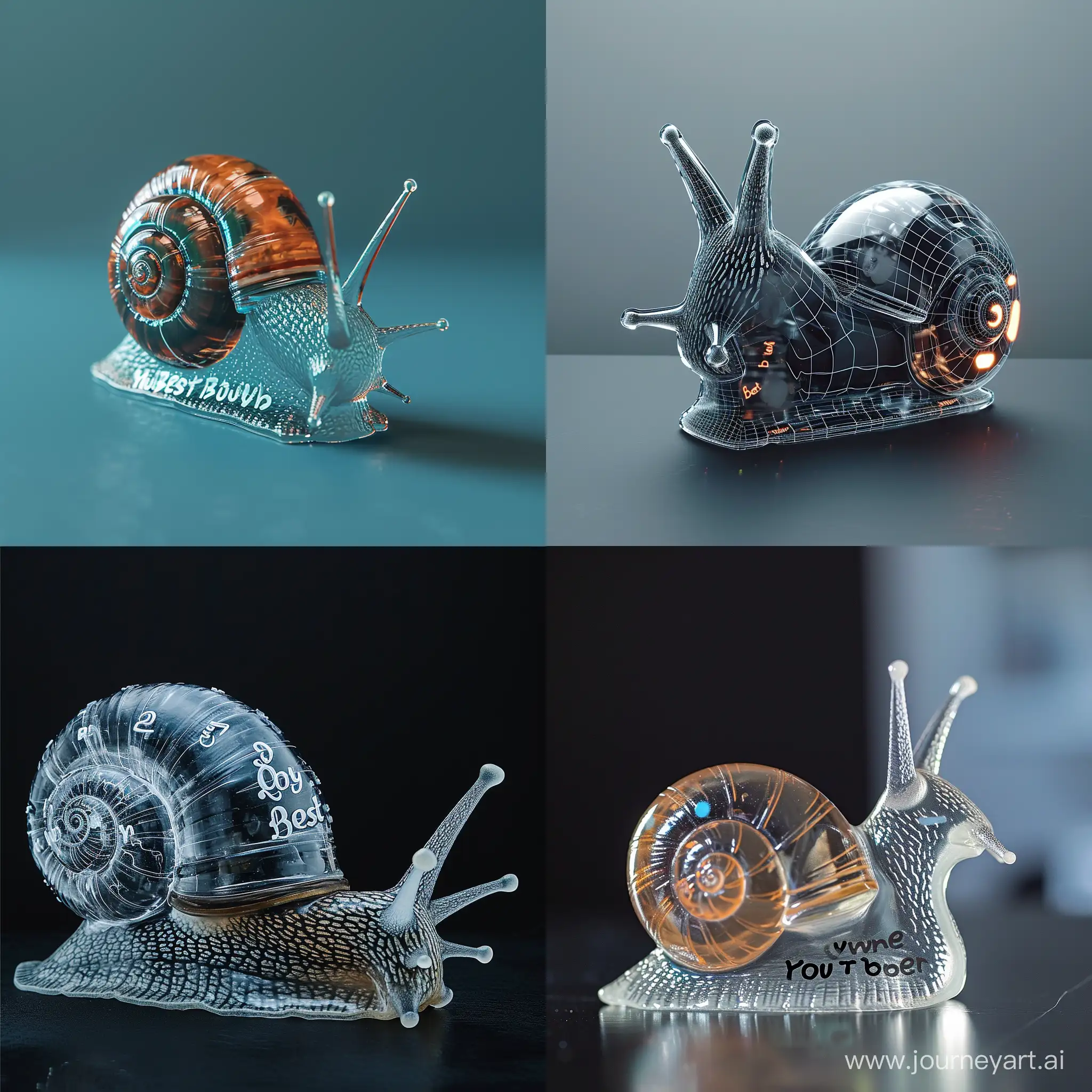 A product shot of a transparent, electronic snail. The slogan should read "Your best buddy".