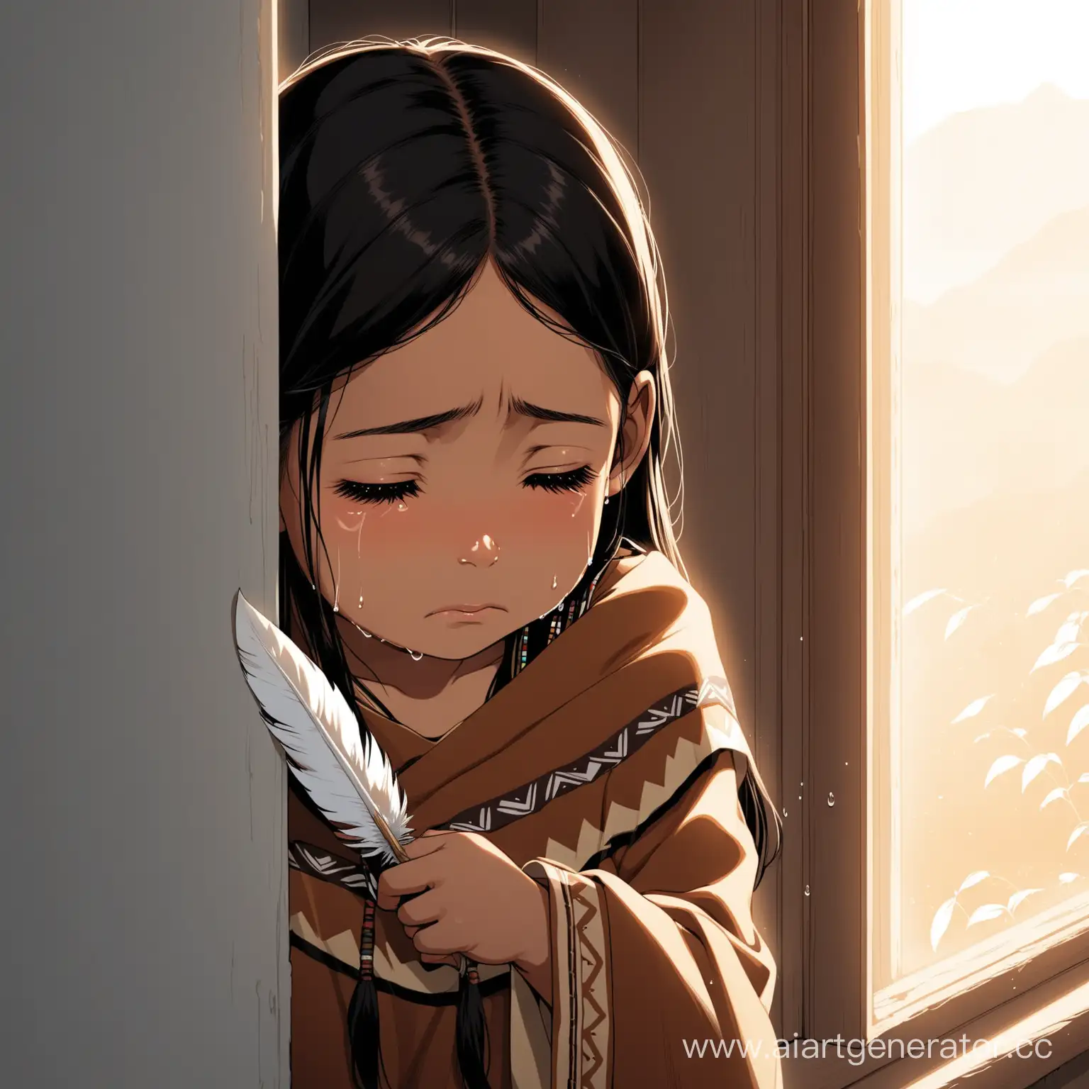 An indigenous girl is crying aloneholding an eagle feather near the window in the corner, 