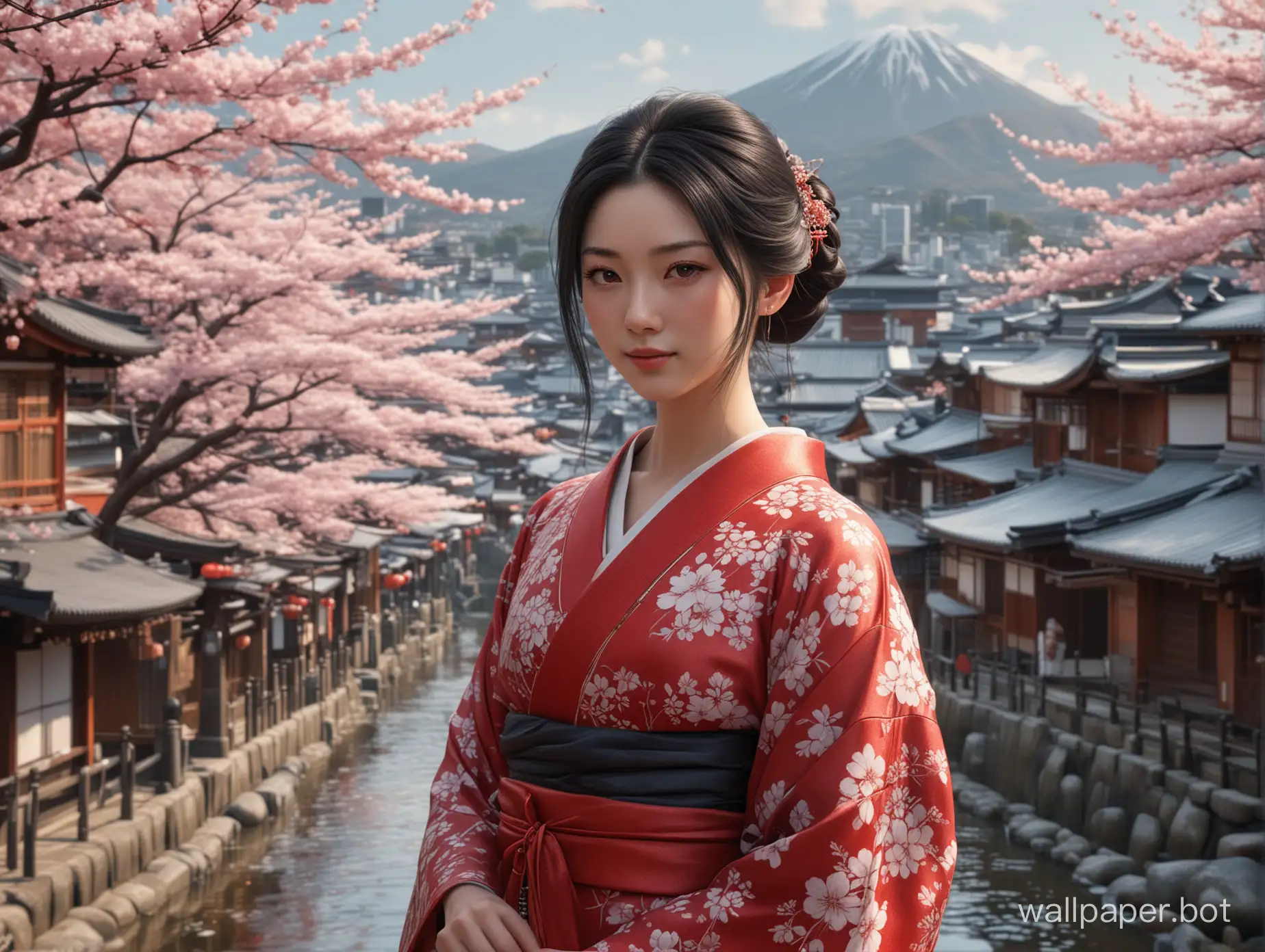 photorealism, porcelain skin, japan girl, graceful forms, kind eyes, perfect figure, slight smile. long black hair. fancy red short kimono. fancy hairpin. detailed city of Kyoto in background. full body standing pose. detailed hands. sakura petals effect. ultra realistic, 8k
