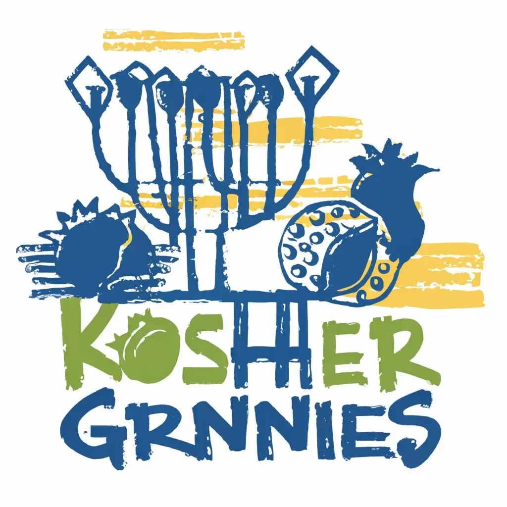 logo, Israel, yellow, blue, white, green, Menorah, Paul Klee, pomegranate, Jerusalem, with the text "Kosher Grannies", typography, be used in the automotive industry