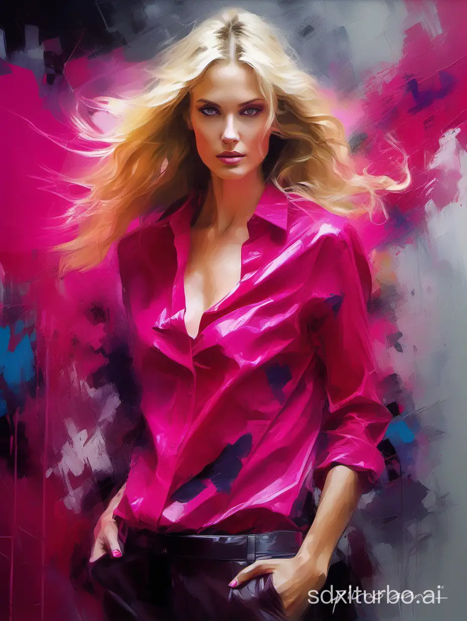 Portrait of a beautiful slender Ukrainian blonde woman, a beautiful perfect face,wavy long hair, full body high heels, dynamic pose, wearing fuchsia clothing, beautifully blended palette strokes and brushes, abstract background, Impasto accents, cinematic lighting, fantastic masterpiece painting in the style of Pino Daeni, Jeremy Mann.Sharp Focus, Ultra quality 8K.