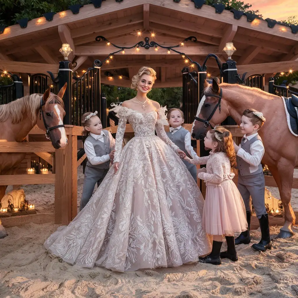 Elegant Family Enjoying Horse Riding at a Luxurious Oak Wood Arena with Enchanting Sunset Ambiance