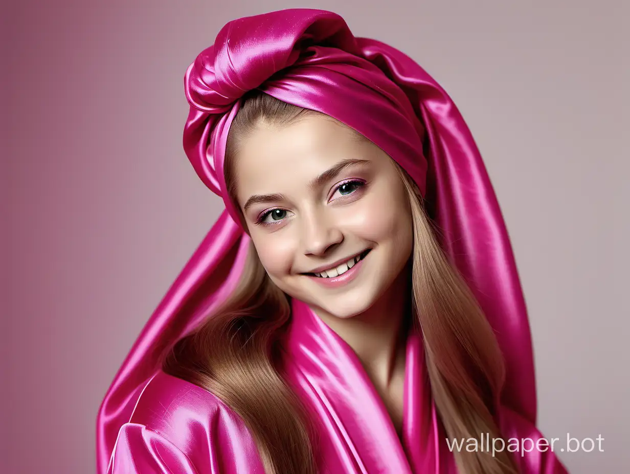 Yulia Lipnitskaya smiles beautifully with very long straight silky hair in a luxurious, delicate, silk robe of pink fuchsia color with a pink silk towel turban on her head