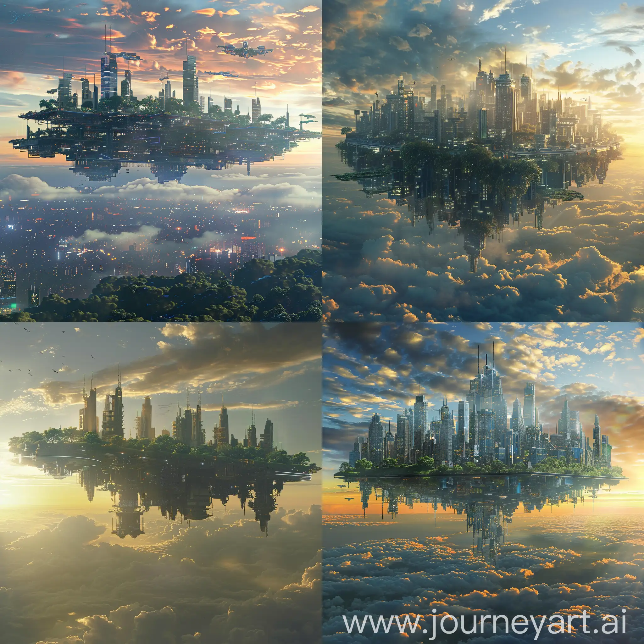 Ciudad  gigante y extensa, volando en el cielo,  futurista con rascacielos , con vegetacion. plataforma voladora en el cielo. Amaneciendo por la mañana