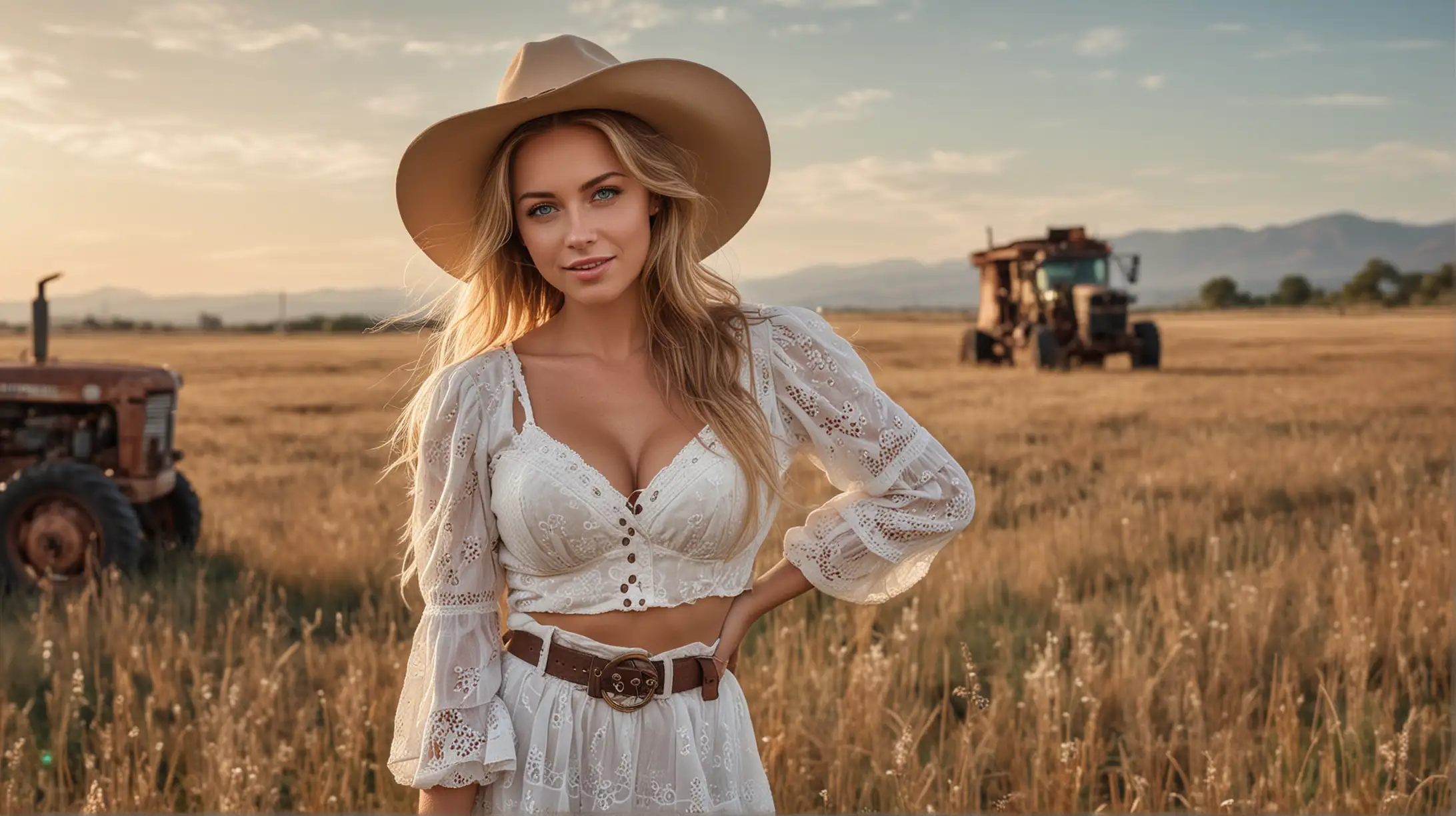A photograph of a 45 year old woman. beautiful stereotypical country girl.  very long honey blonde hair. Standing in a pasture next to an old, rusted tractor. Very large natural breasts, a white flowery gauze sundress with a push up bra that's creating an abundance of cleavage, light and flowing, leather belt, cowboy boots, lace up bodice, exposed midriff, straw cowboy hat, she has stunning blue eyes, dynamic background lighting, dark vignette, wind blowing her hair, she has a cute flirty smile, perfect makeup, lipstick, bright blue eyes, the sun is setting to her side, freckles on nose and cheeks, ultra sharp, random details, imperfection, skin texture, skin pores
