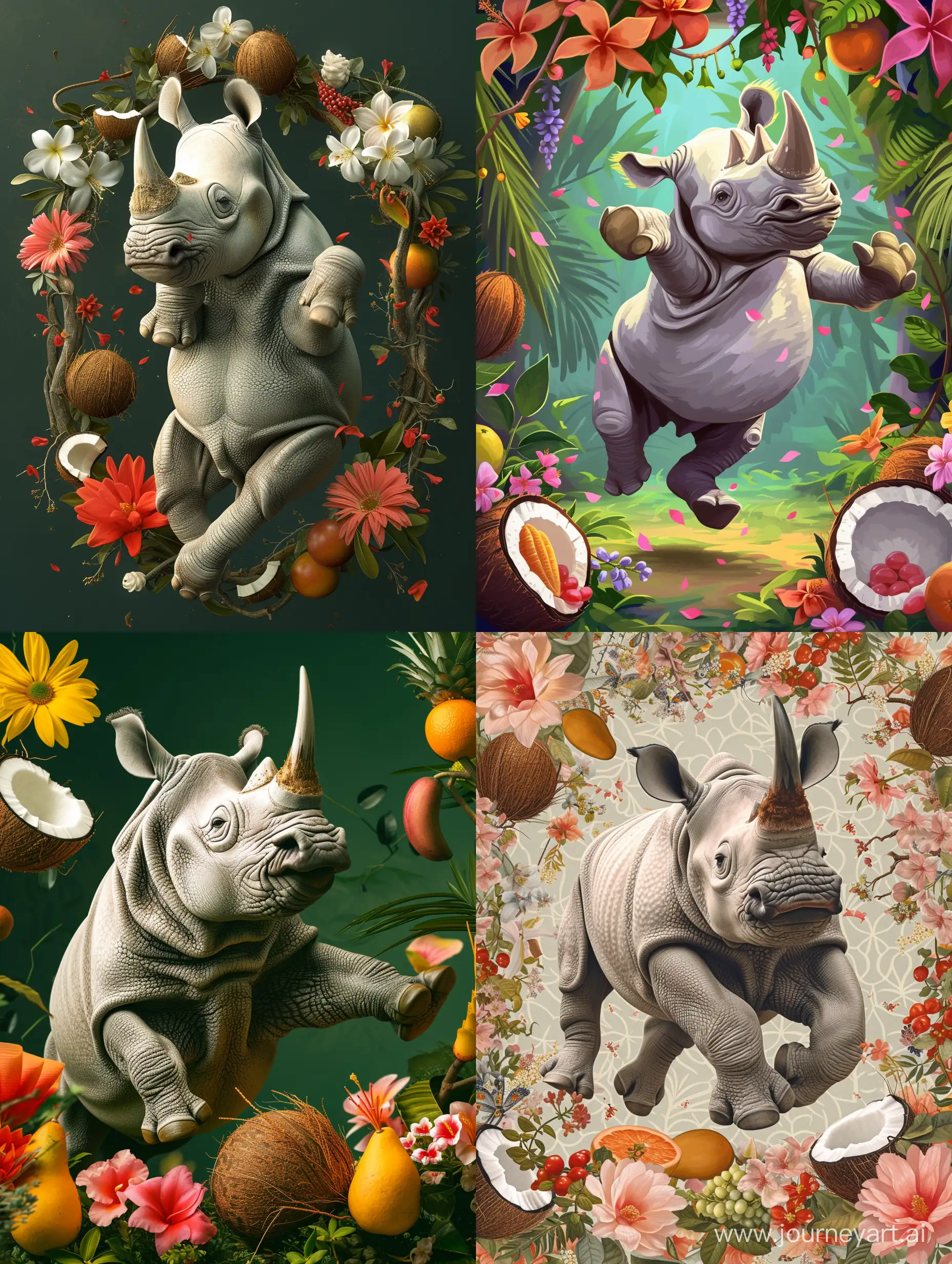 Graceful-Rhinoceros-Dancing-Amongst-Colorful-Flowers-with-Coconuts-and-Fruits