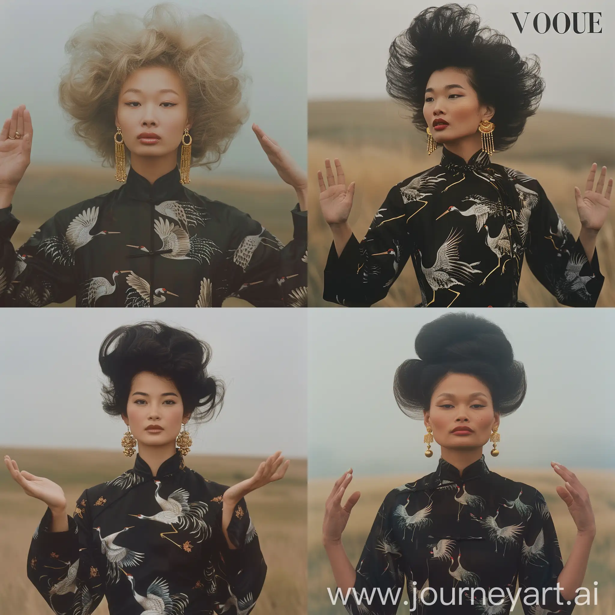 Elegant-Woman-in-Classic-Chinese-Dress-Amidst-Misty-Steppe-Vogue-1990-Cover-Art