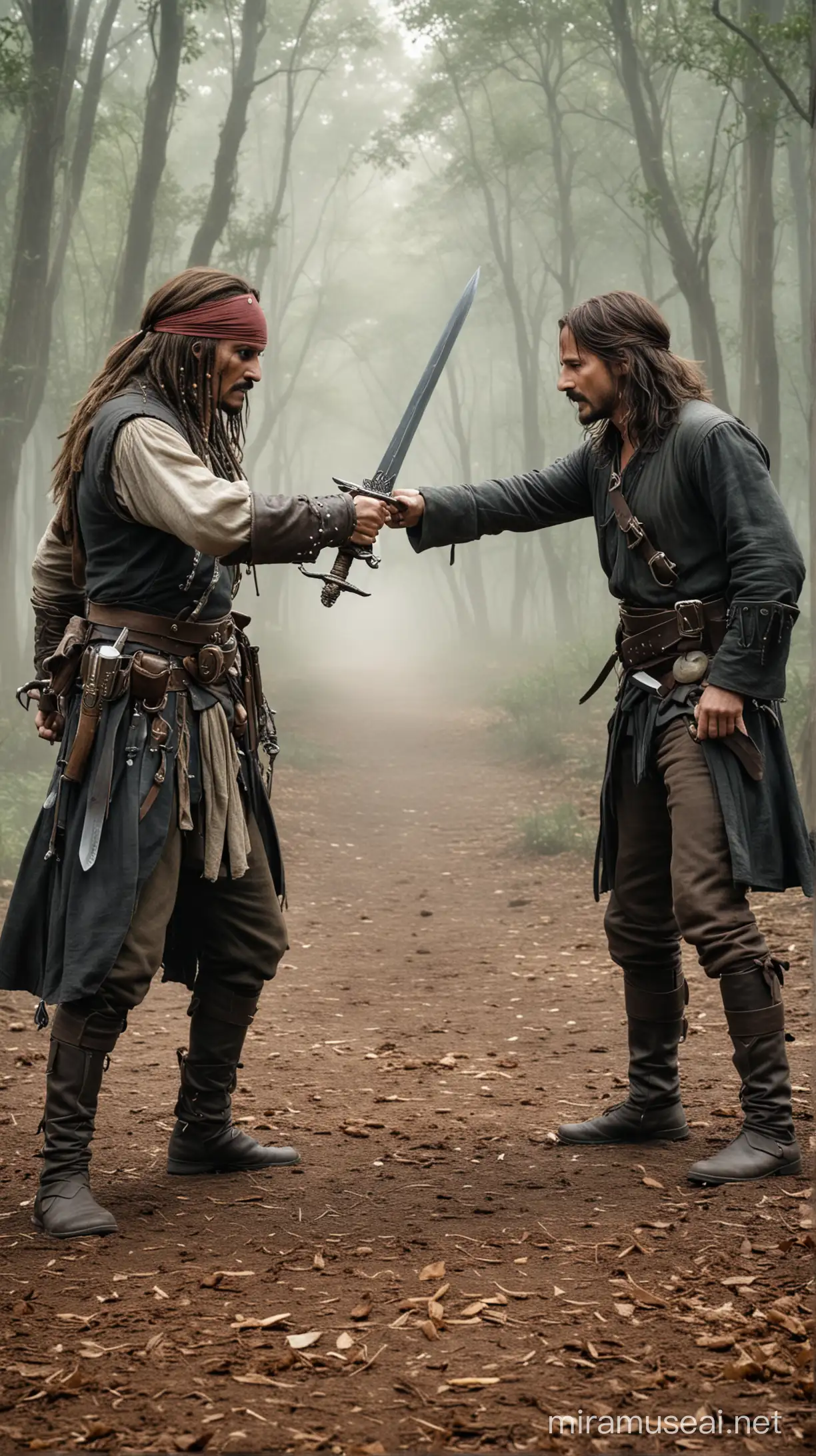 Jack Sparrow and Aragorn are having a sword duel