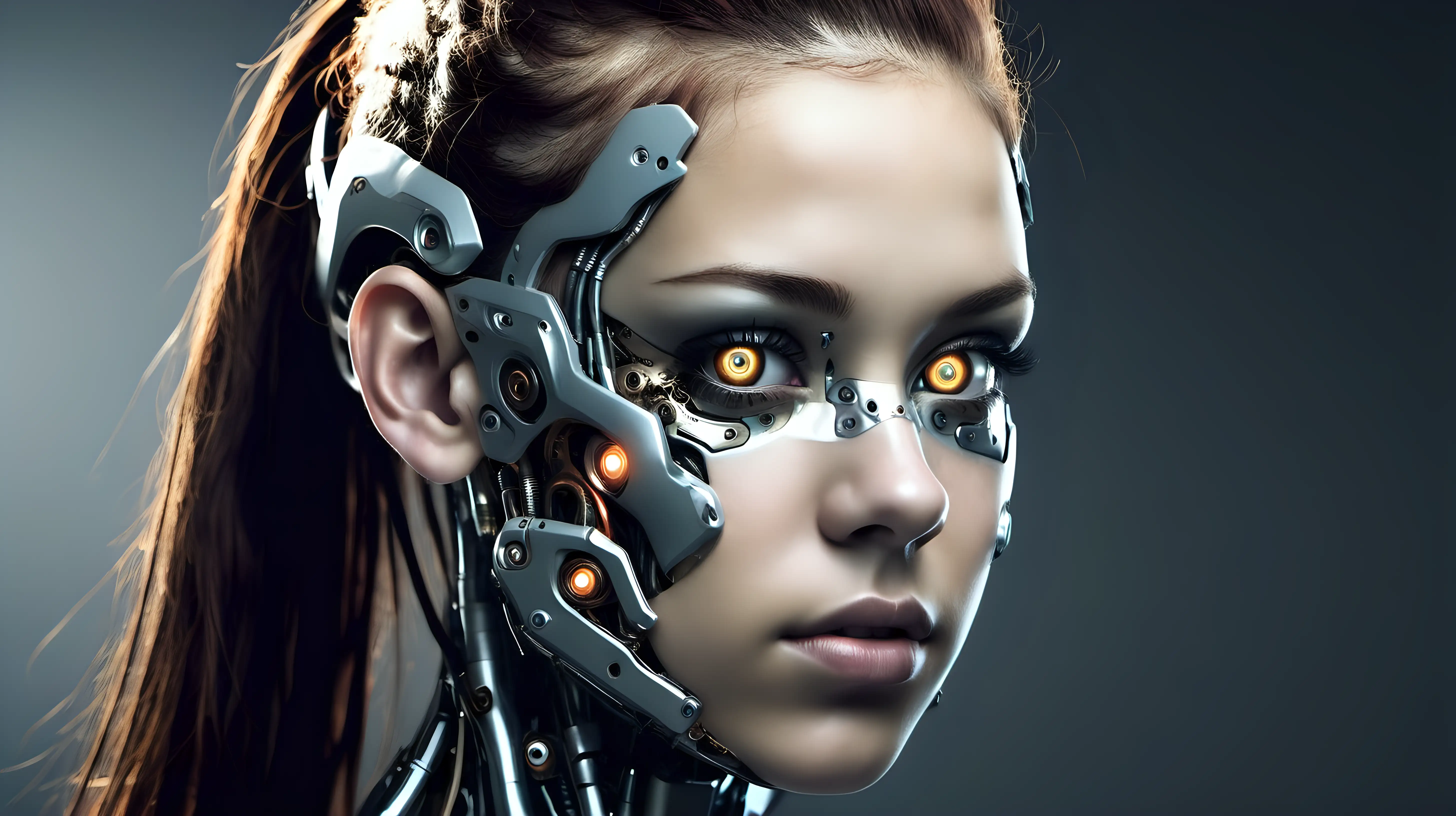 Cyborg woman, 18 years old. She has a cyborg face, but she is extremely beautiful.