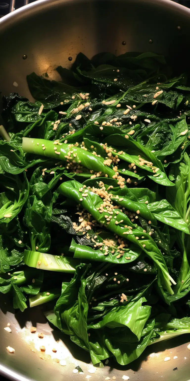Photo of wok tossed greens with sesame seeds sprinkled on top