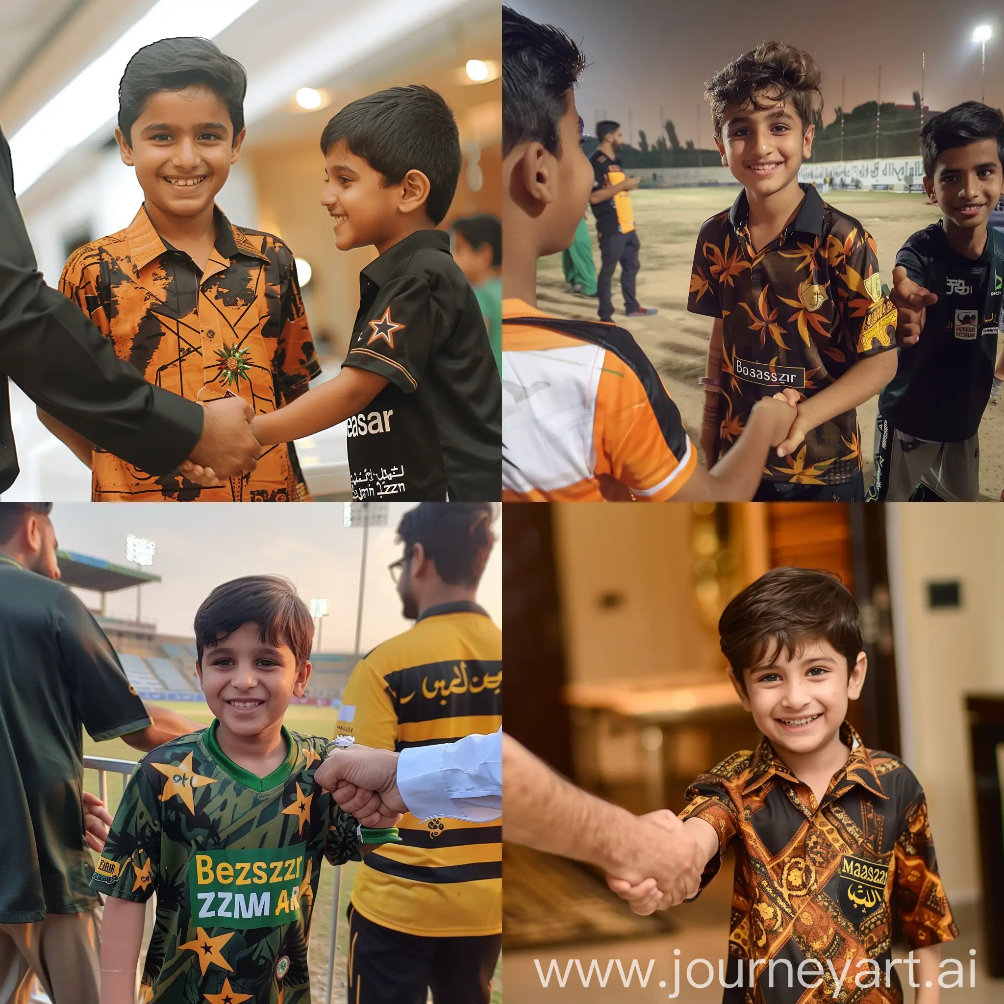 A boy named Mudassar wearing shirt of Peshawar zalmi and shaking hand with Babar Azam