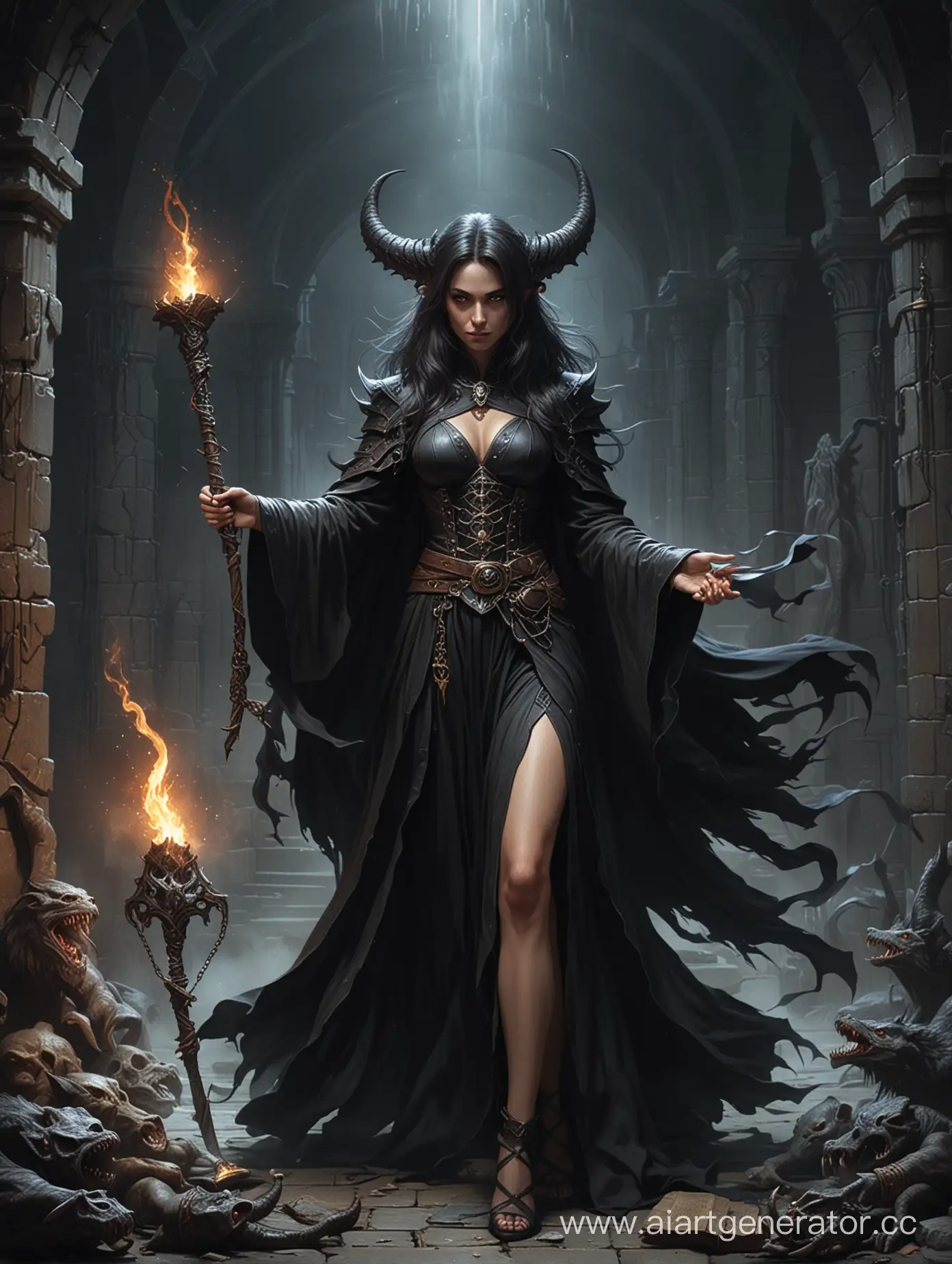 Заклинатель, укротитель тварей, женщина, черное одеяние, уродлива, подземелье,  Illustrations in the style of fantasy mythology,