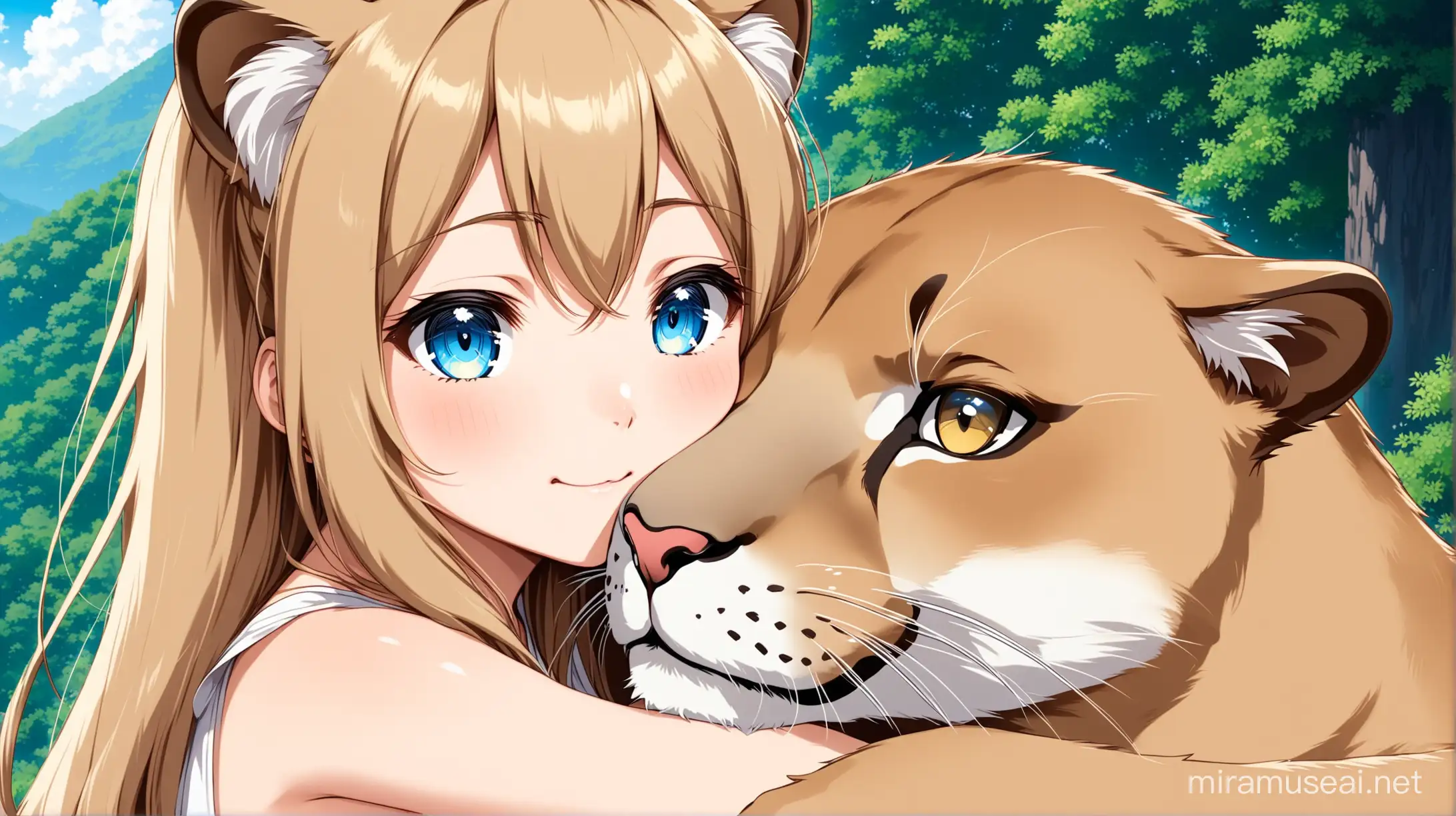 friendly mountain lion hugging anime girl