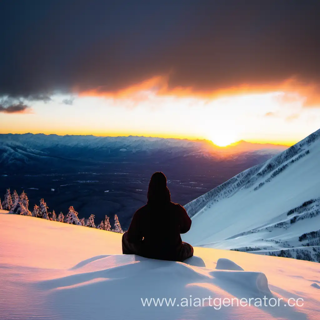 Человек смотрит на закат сидя на горе покрытой снегом