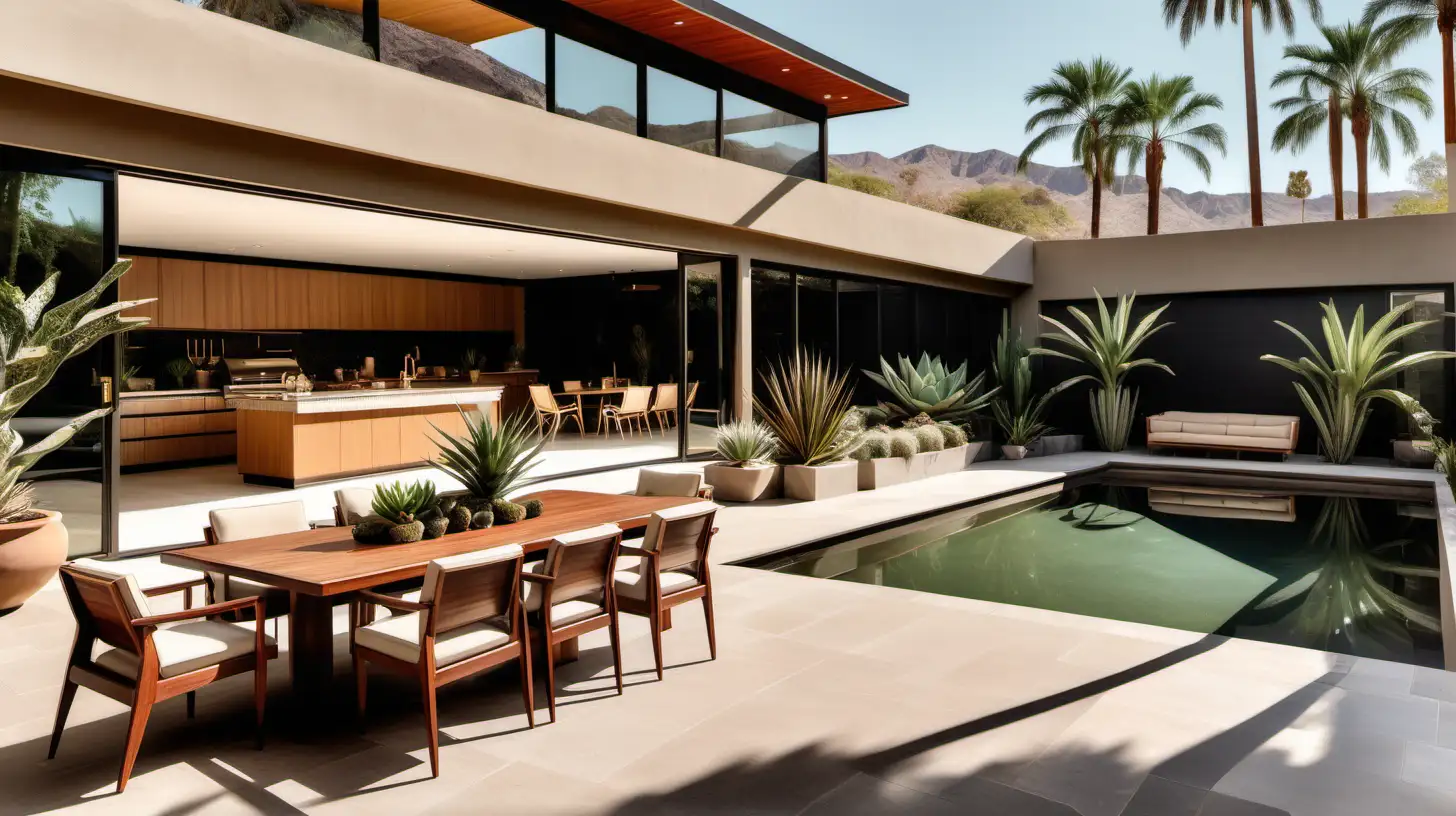Midcentury Modern Palatial outdoor entertaining space with sparkling pool and bbq; large windows; beige, walnut wood and brass colour palette; palms, cacti and succulents;