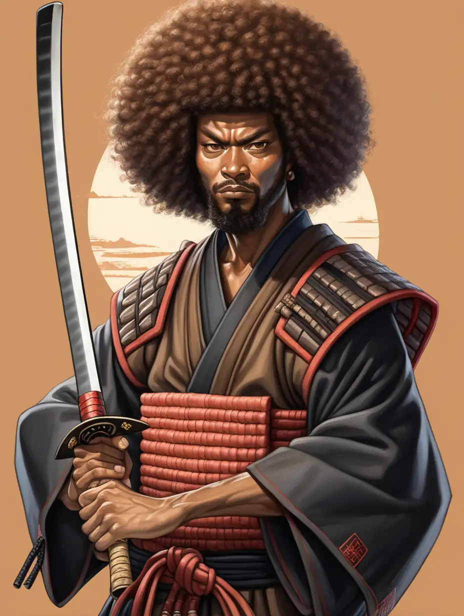 Brown skin samurai man with Afro, beard, holding katana, samurai hat