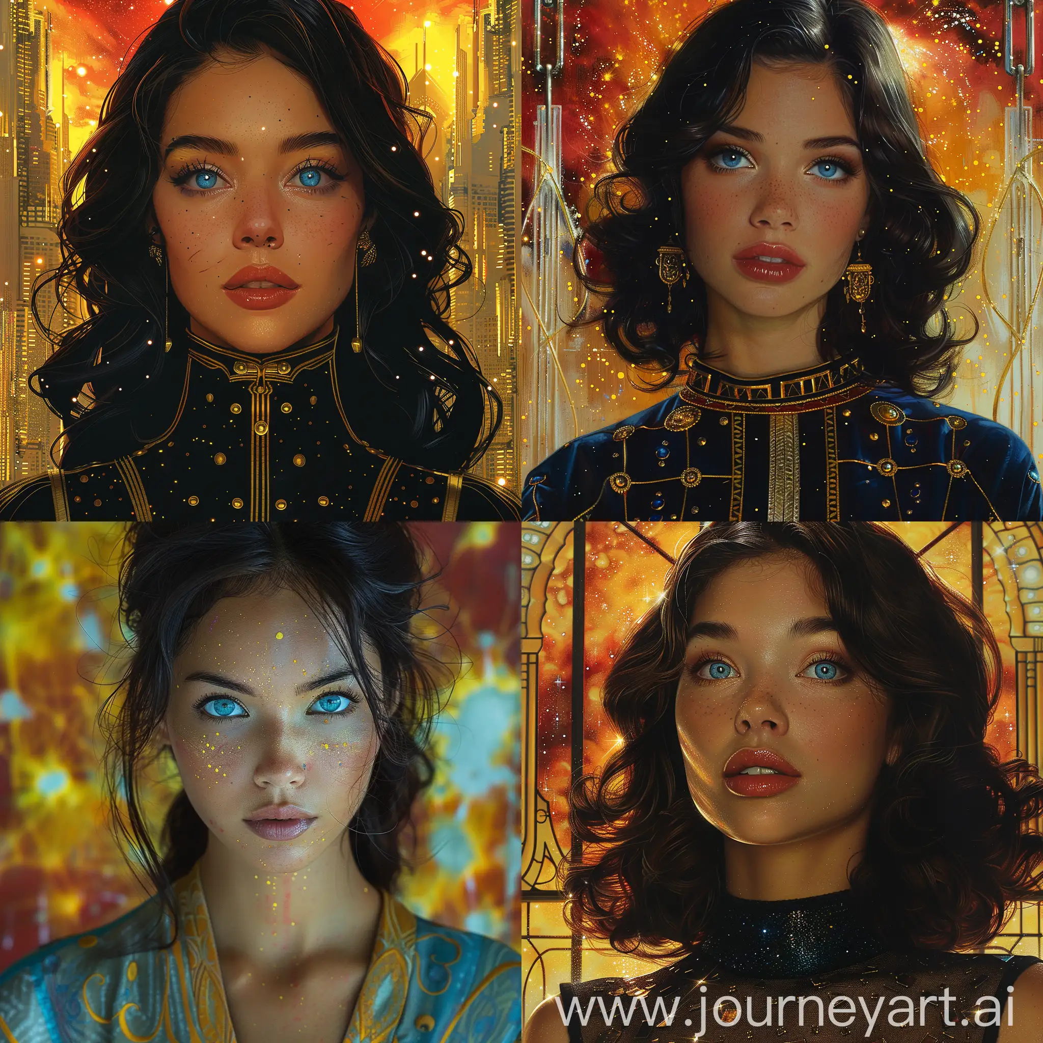 Stunning-Malay-Woman-with-Blue-Eyes-in-Biopunk-Style-with-Art-Deco-Accents-against-a-YellowRed-Space-Nebula-Background