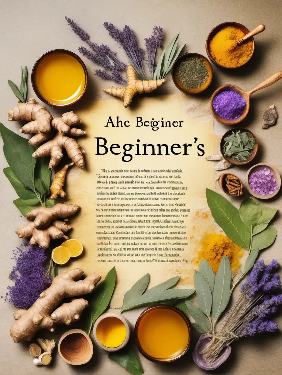 Please create an image featuring a vibrant collage of natural remedies ingredients like ginger, honey, turmeric, sage, crystals, and lavender, arranged around the edges, framing a clear, central space where the title is prominently displayed. The background texture mimics aged paper, giving it a timeless feel. --ar 2:3. The title is "The Beginner's Guide to Alternative Therapies".

