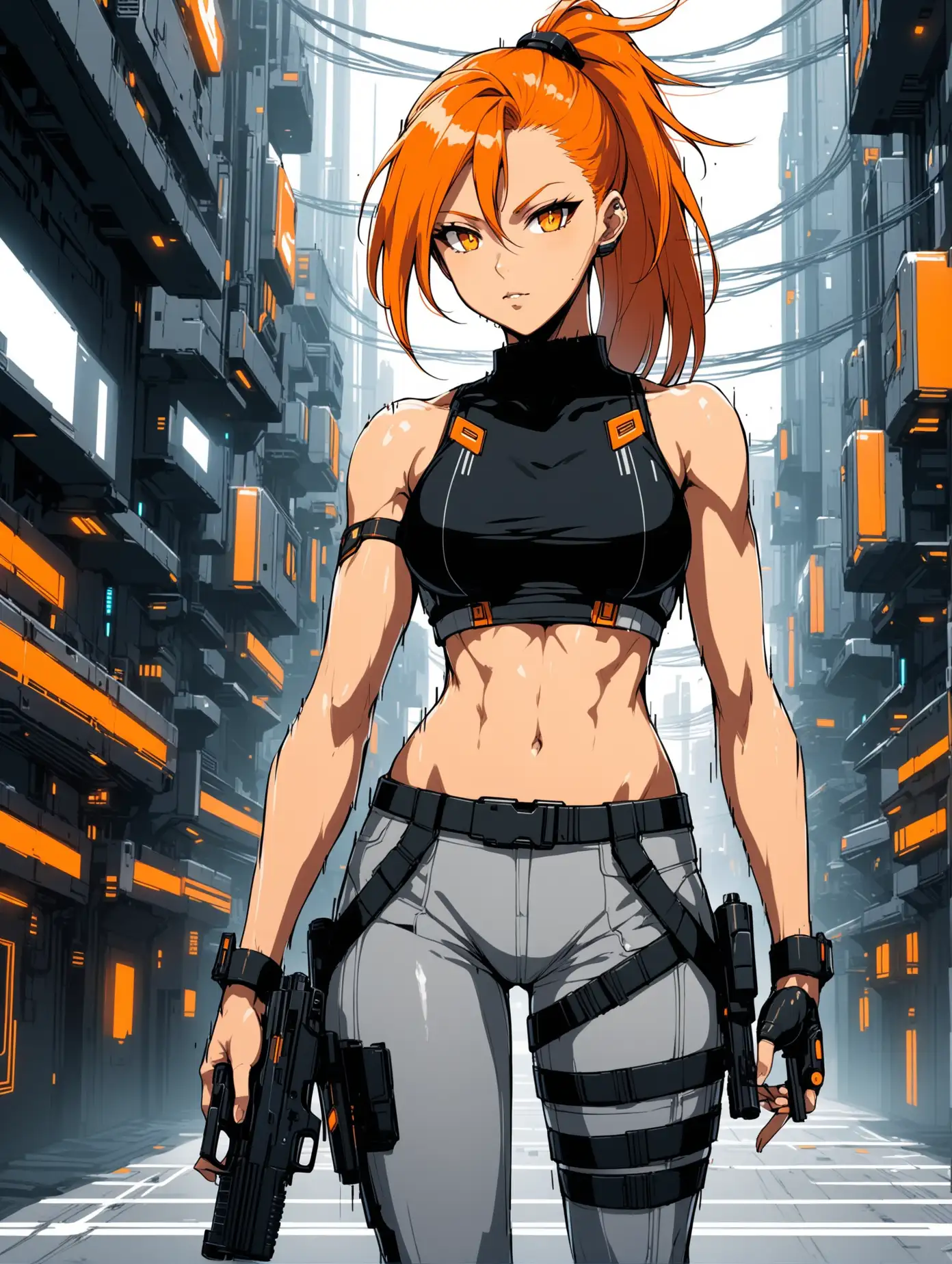 Fierce Anime Cyberpunk Heroine with Handguns in Futuristic Urban Setting
