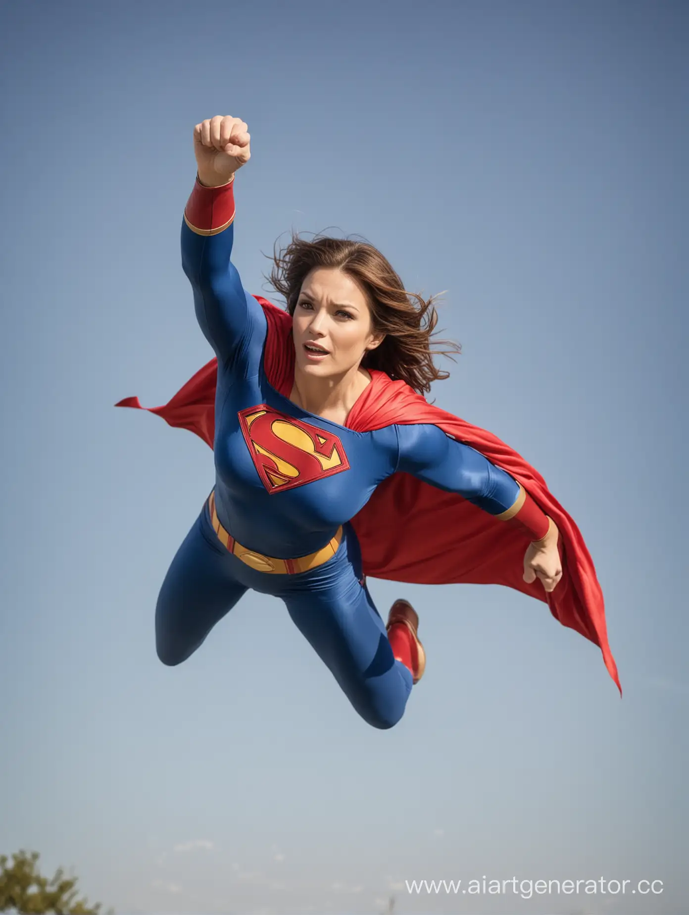 A beautiful woman with brown hair, age 40, She is flying like Superman, she is wearing the classic Superman costume