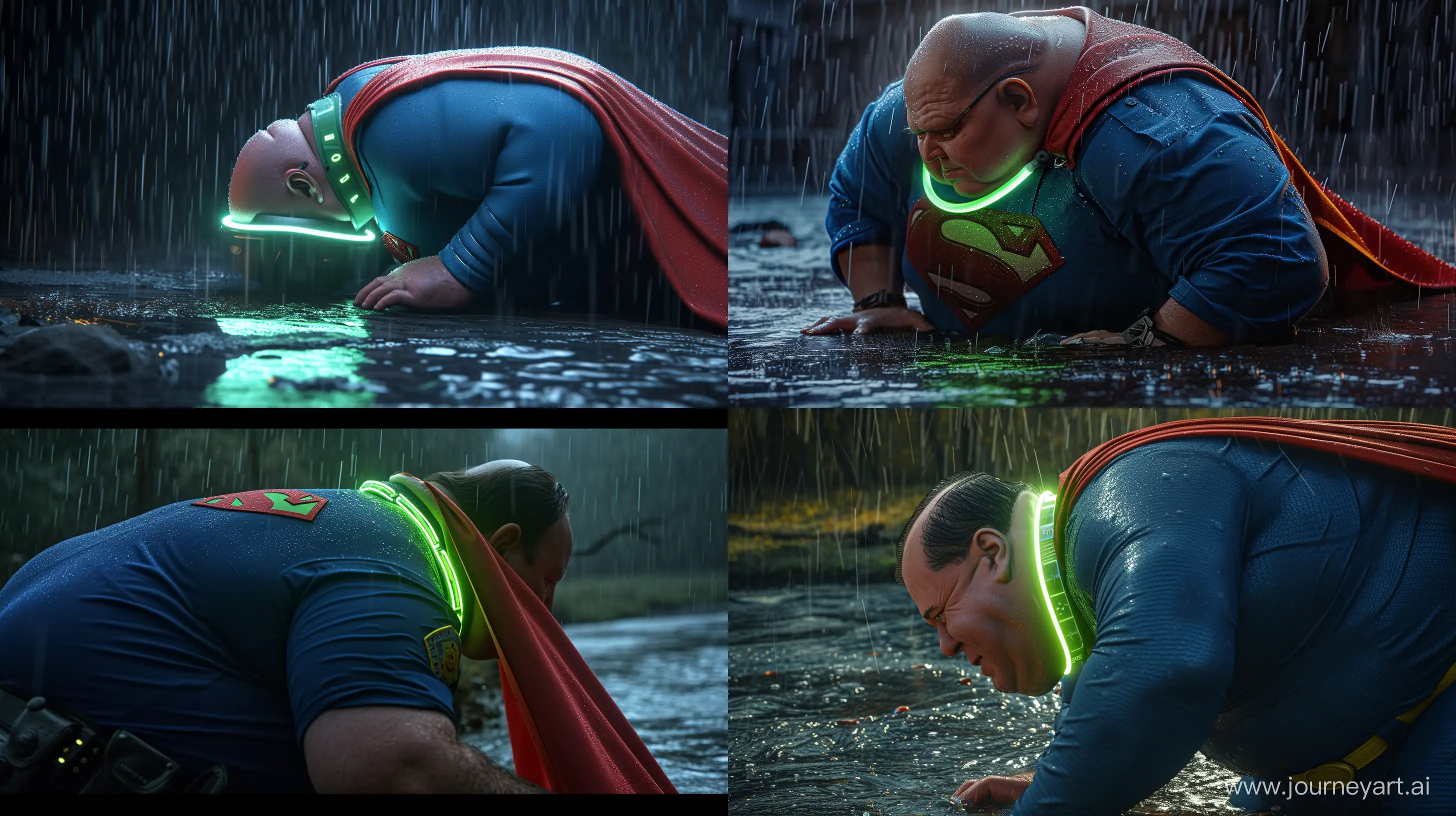 Close-up photo of a fat policeman aged 60. Bending behind and tightening a tight green glowing neon dog collar on the nape of a fat man aged 60 wearing a tight blue 1978 smooth superman costume with a red cape crawling in the rain. Natural Light. River. --style raw --ar 16:9