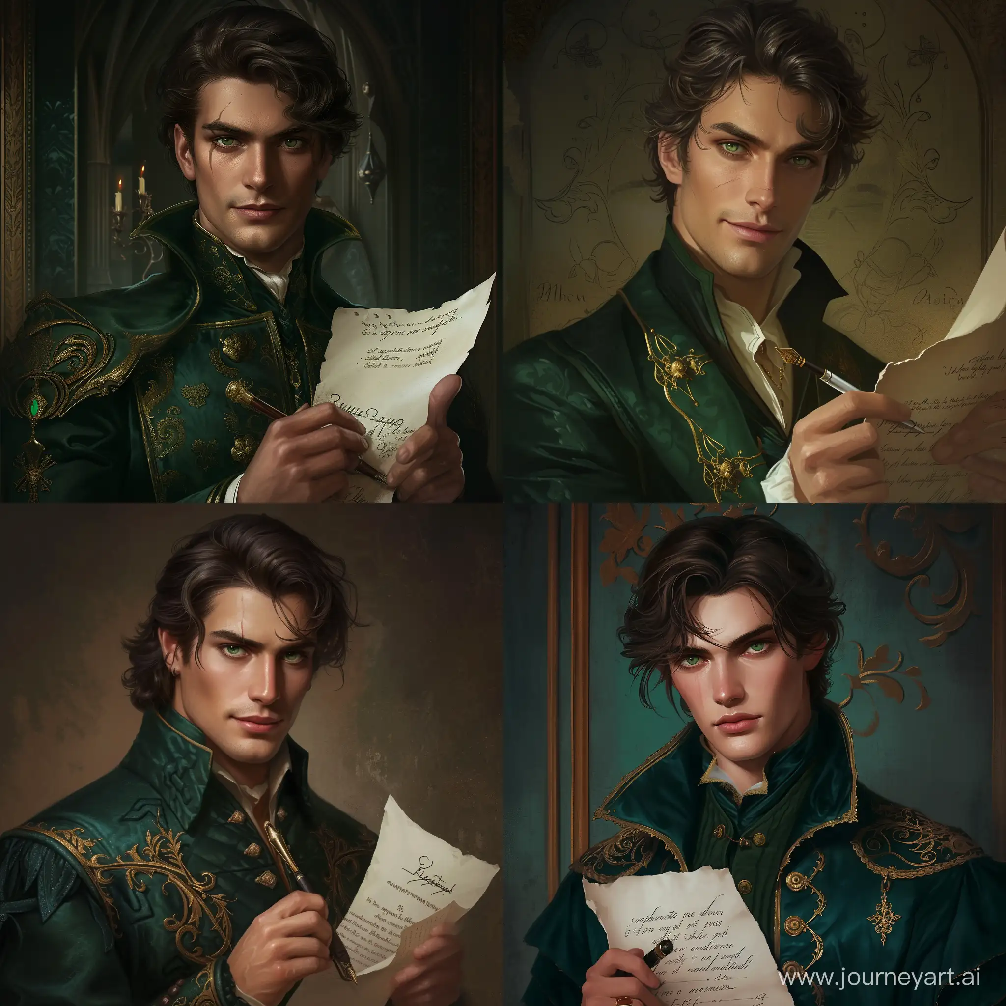 Mystical-26YearOld-Man-in-Dark-Green-Formal-Attire-with-Parchment-and-Ink-Pen
