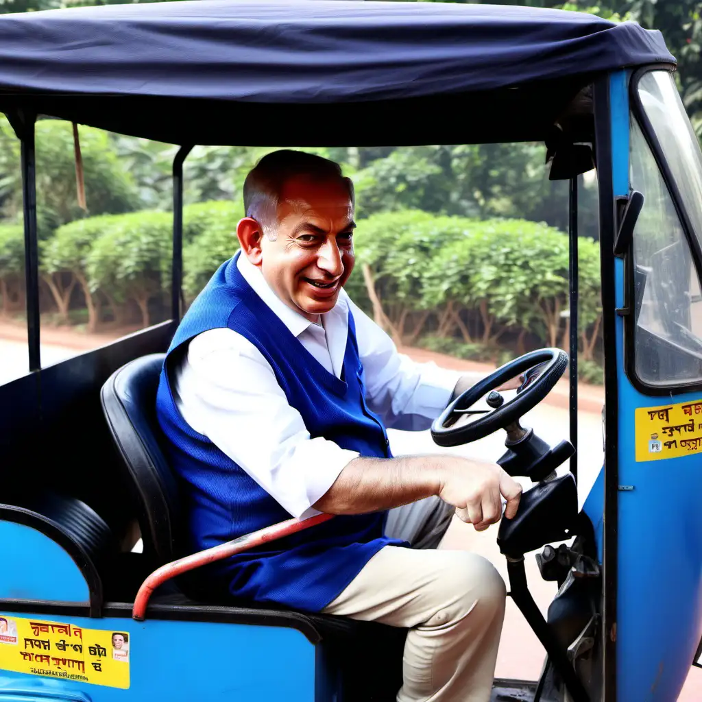 I want a photo of Benjamin Netanyahu working as a tuk tuk driver in India. Making him look shabby, tired, and pathetic.