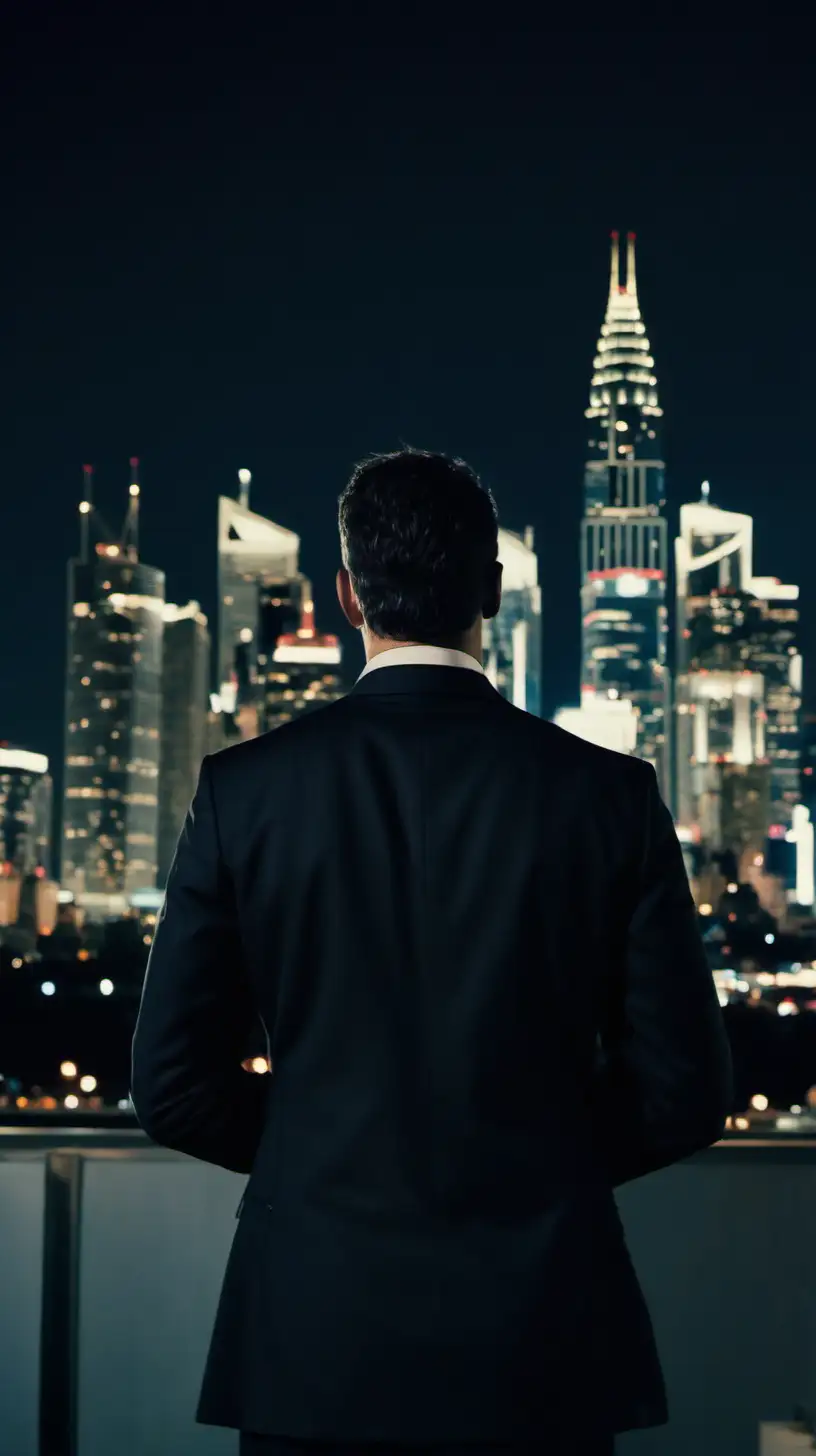 man in suit in front of city skyline at night, pov
