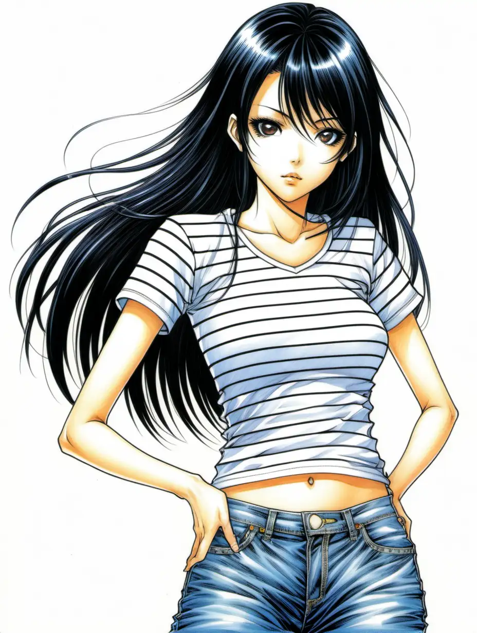 Mujer joven en forma vestida con jeans anchos y top que demuestra